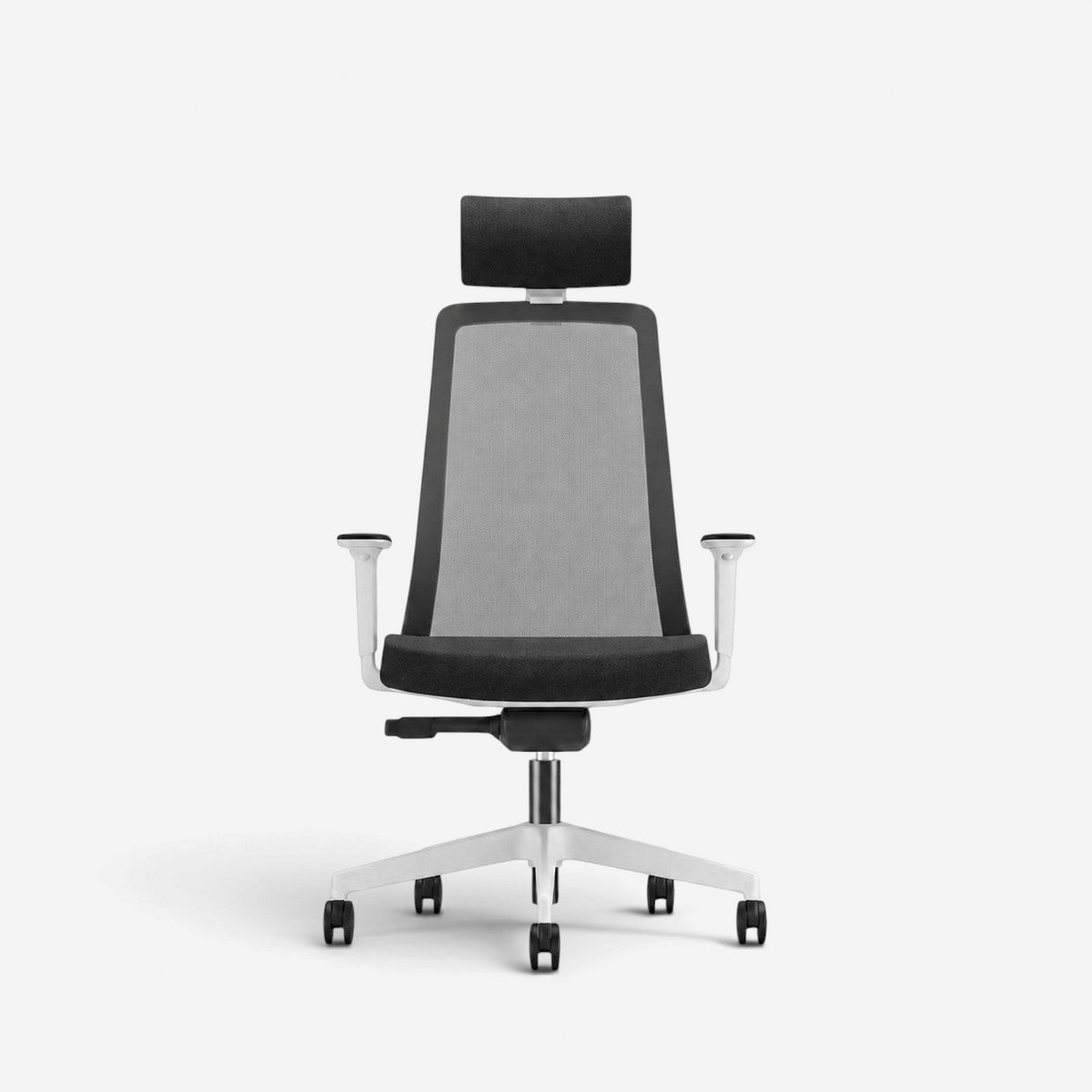 Addo Shop Raymond ergonomic office chair with white frame, black mesh back, adjustable headrest, and swivel base.