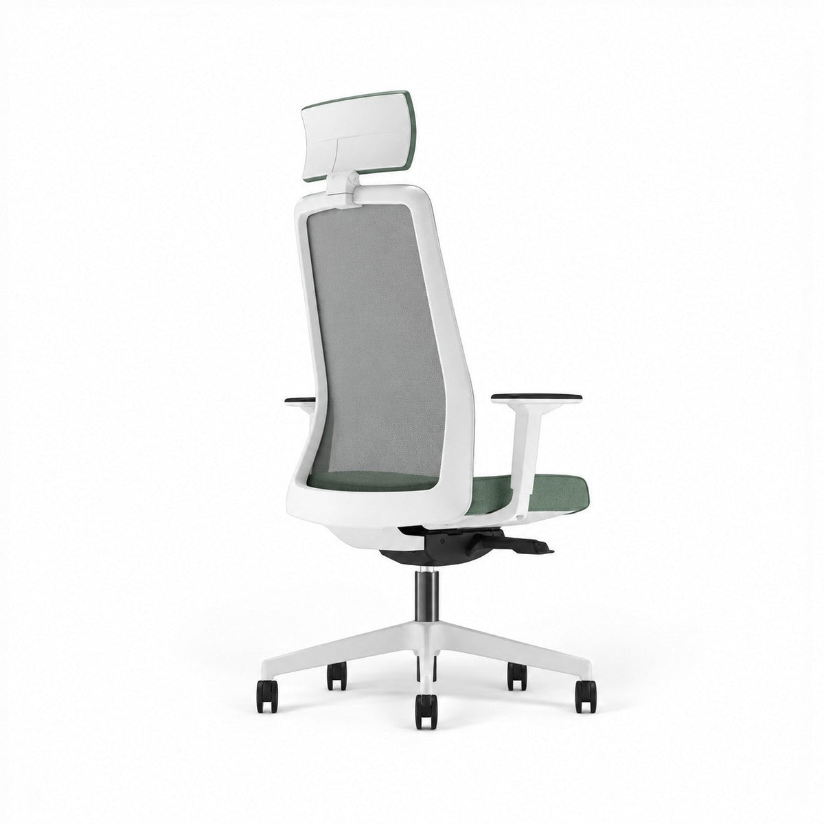 Addo Shop Raymond ergonomic office chair with white frame, green seat, and breathable mesh back with headrest