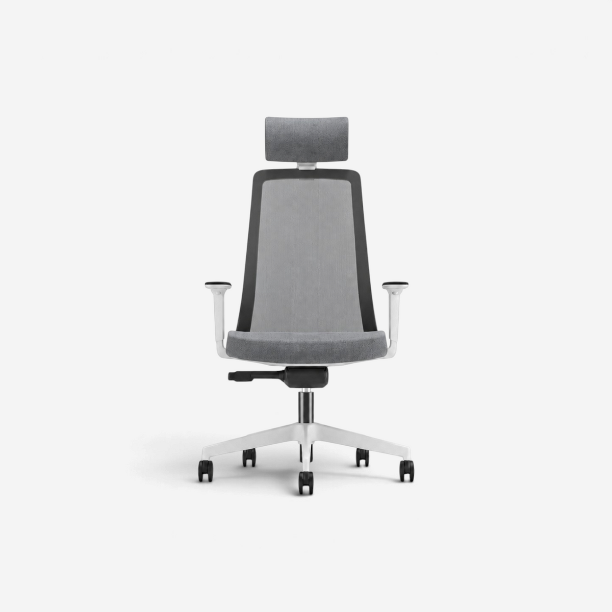 Addo Shop Raymond ergonomic office chair with grey mesh back, adjustable headrest, and white frame on wheels