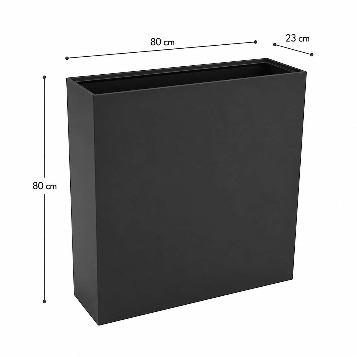 Addo Shop Design Collection rectangular black metal planter measuring 80x23x80 cm for modern indoor or outdoor decor.