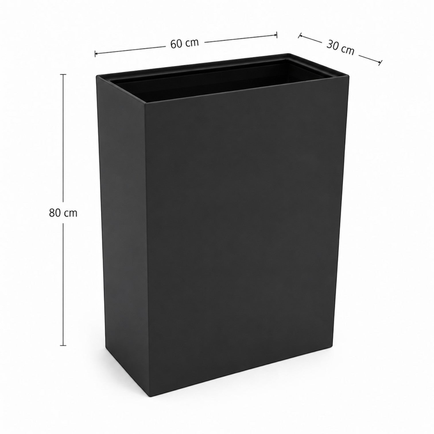 Addo Shop Design Collection rectangular black planter measuring 60x30x80 cm for modern indoor or outdoor decor.