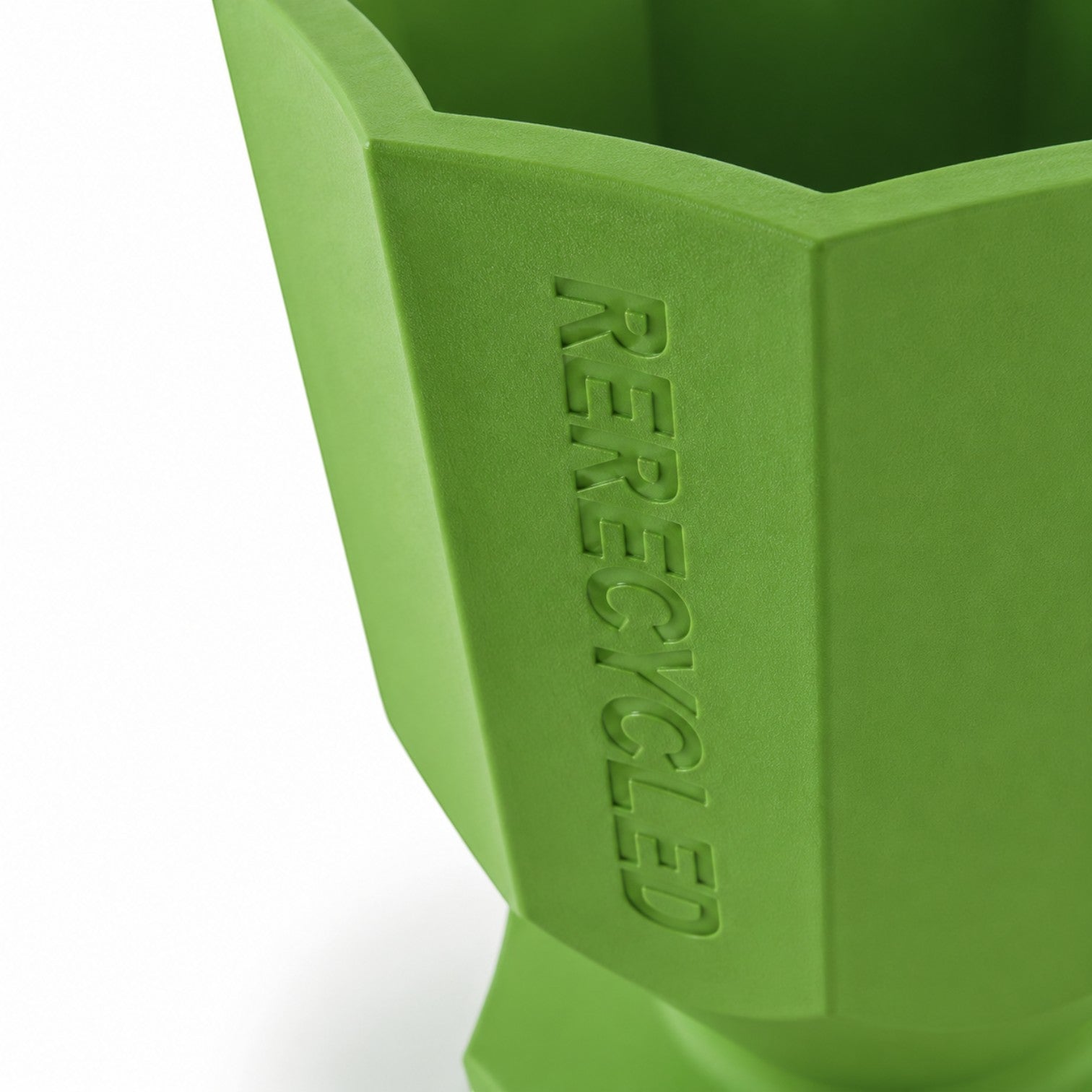 Addo Shop Caimi RECYCLED green hexagonal planter for office or home decor with embossed text detail