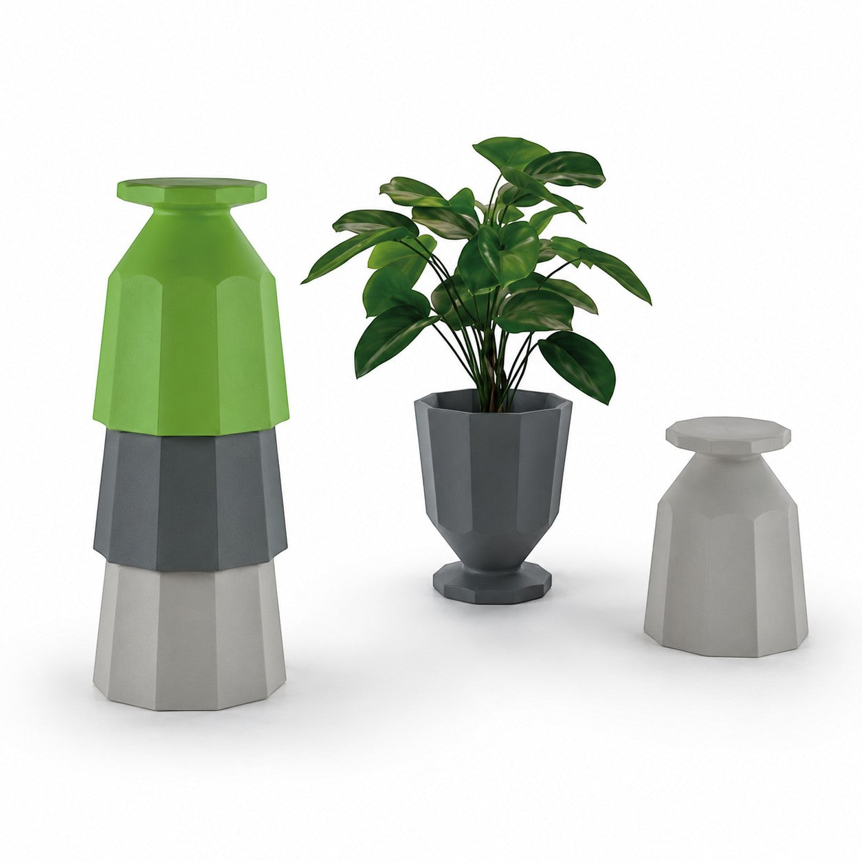 Addo Shop Caimi RECYCLED modular planters in green, dark grey, and light grey for office or home decor.