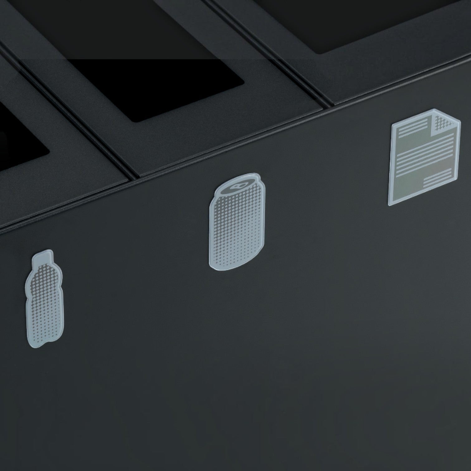 Addo Shop graphics label set featuring minimalist icons for bottle, can, and paper recycling on a black surface.