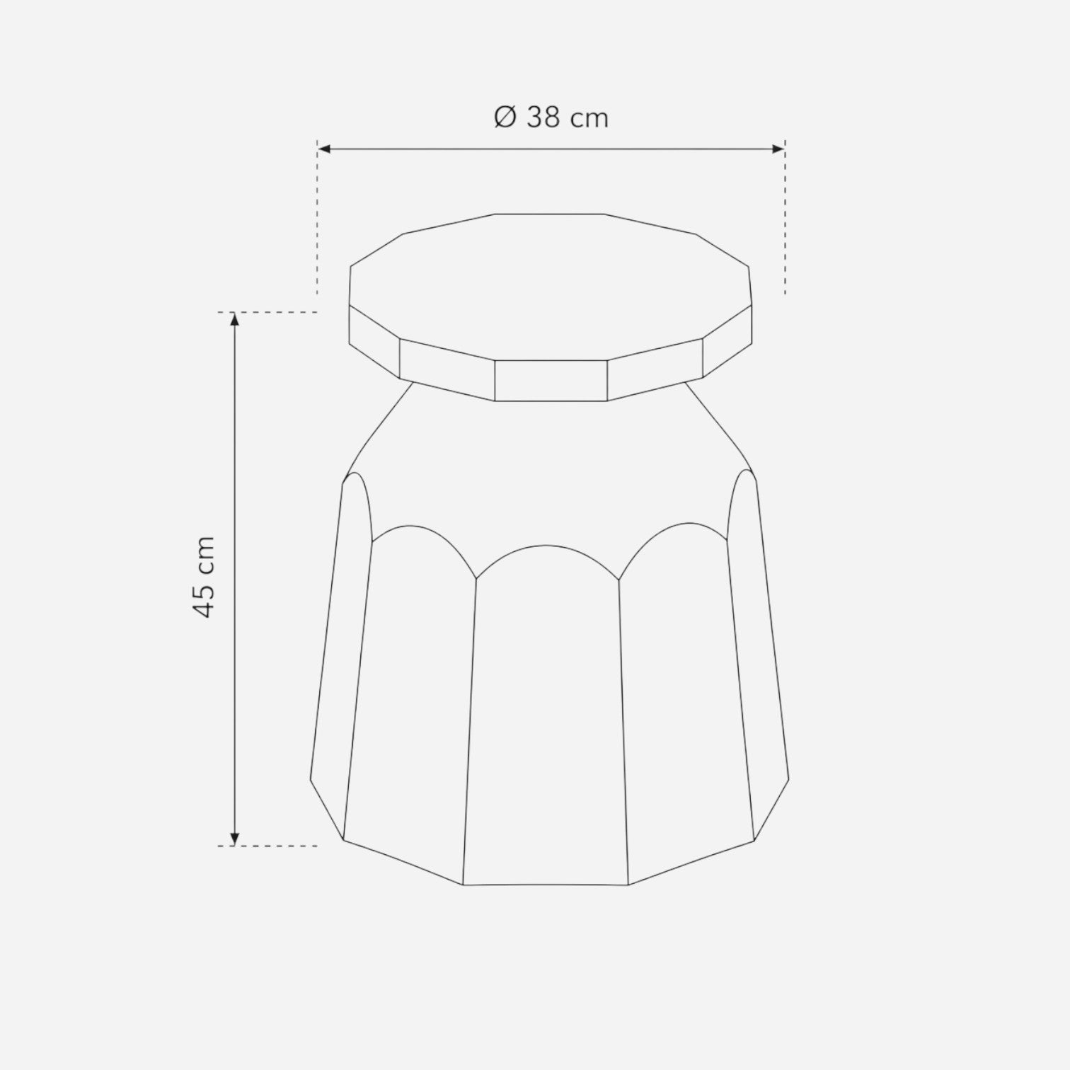 Addo Shop Rerecycled Stool technical line drawing with dimensions showing 38cm diameter and 45cm height.