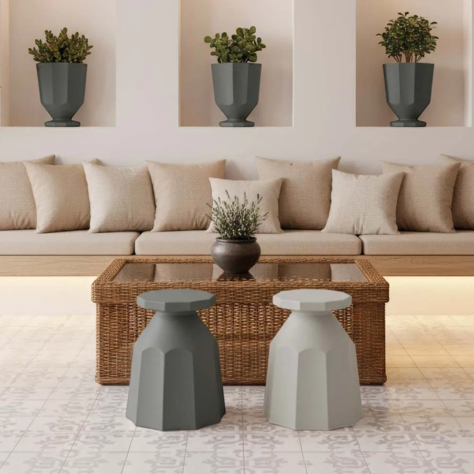 Addo Shop Rerecycled Stool set in dark grey and light grey with a modern geometric design in a minimalist living room.