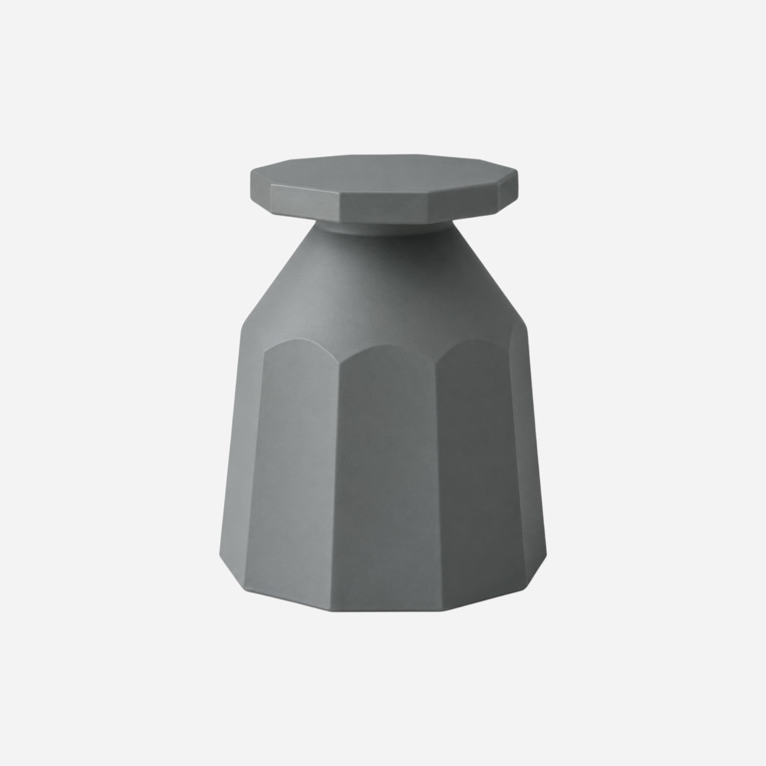 Addo Shop Rerecycled Stool in matte grey with a modern geometric octagonal design and tapered base.