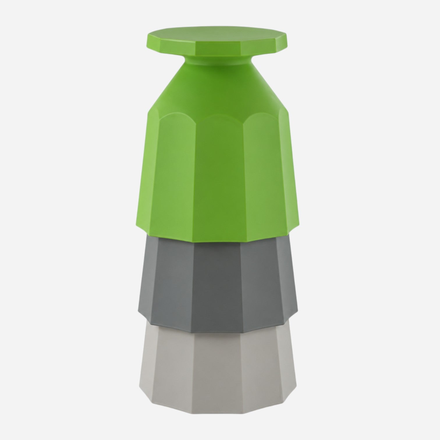 Addo Shop Rerecycled Stool featuring a modern, stackable design in green, dark grey, and light grey recycled plastic.