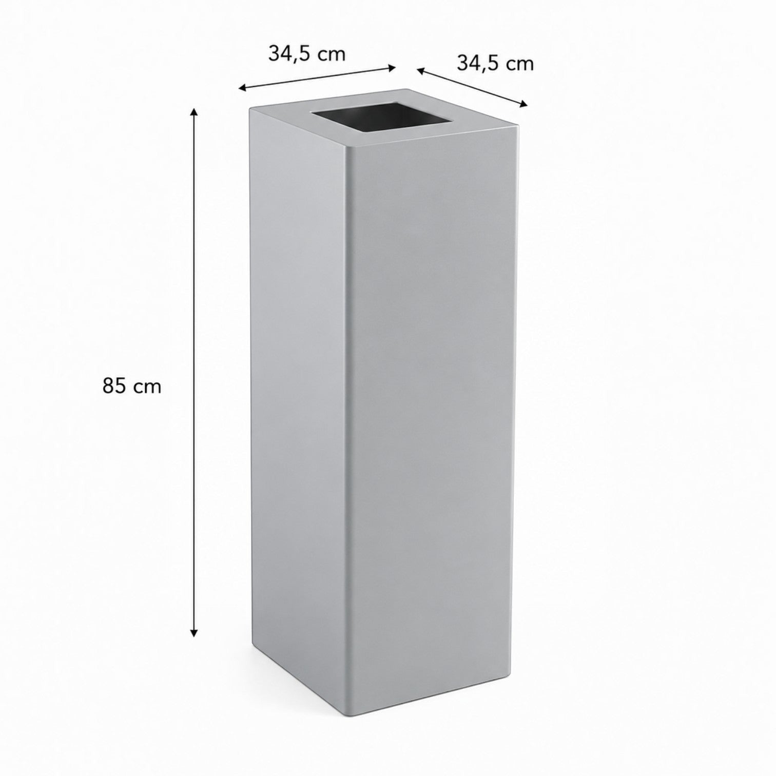 Addo Shop Riciclo 100L tall silver square recycling bin with dimensions 34.5cm by 34.5cm by 85cm.