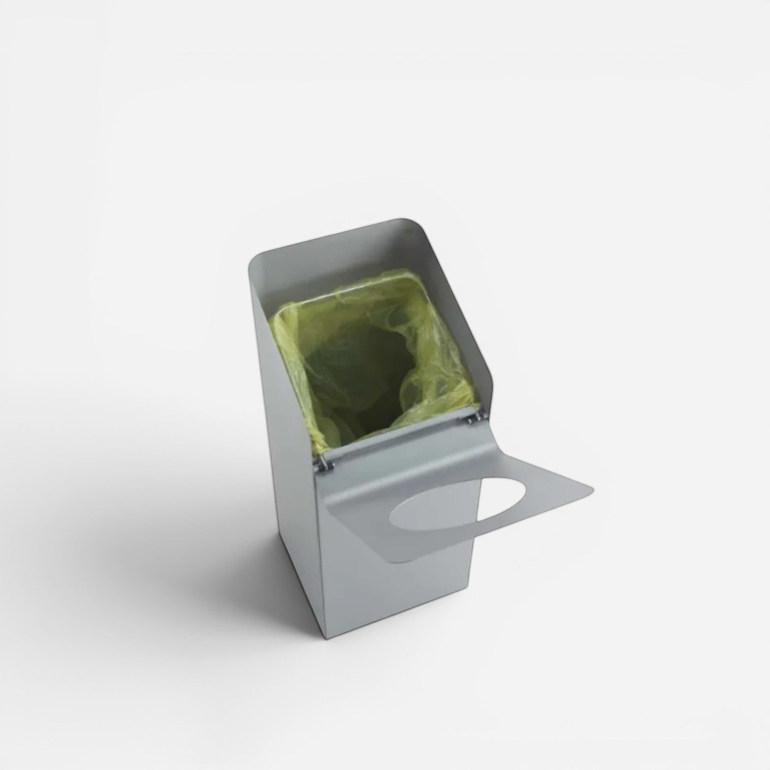 Addo Shop Riciclo Curve 70L grey metal recycling bin with a hinged lid and yellow waste bag insert.