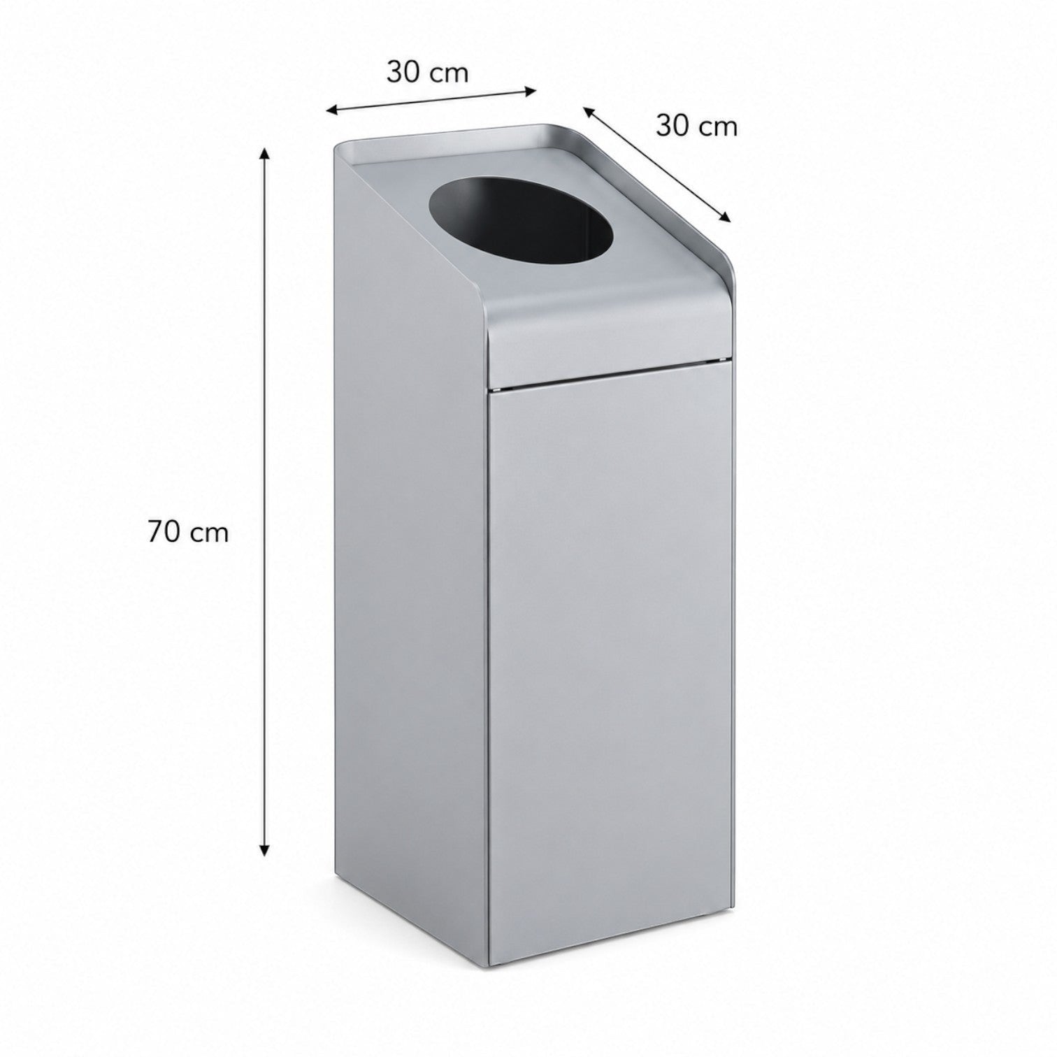 Addo Shop Riciclo Curve 70L silver metal recycling bin with a slanted top and circular opening for waste disposal.
