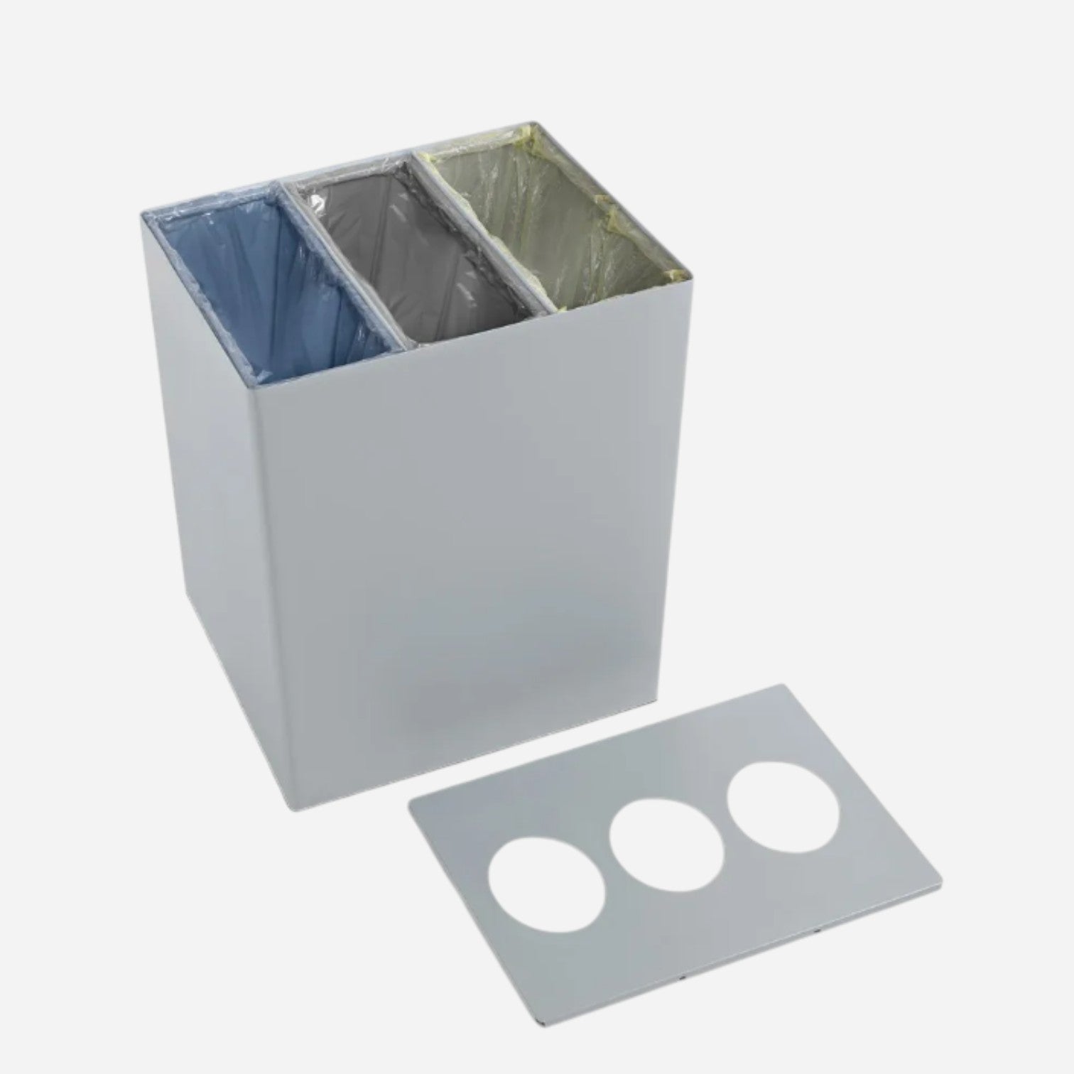 Addo Shop Riciclo Trio 255L grey metal recycling bin with three internal compartments and a removable lid.