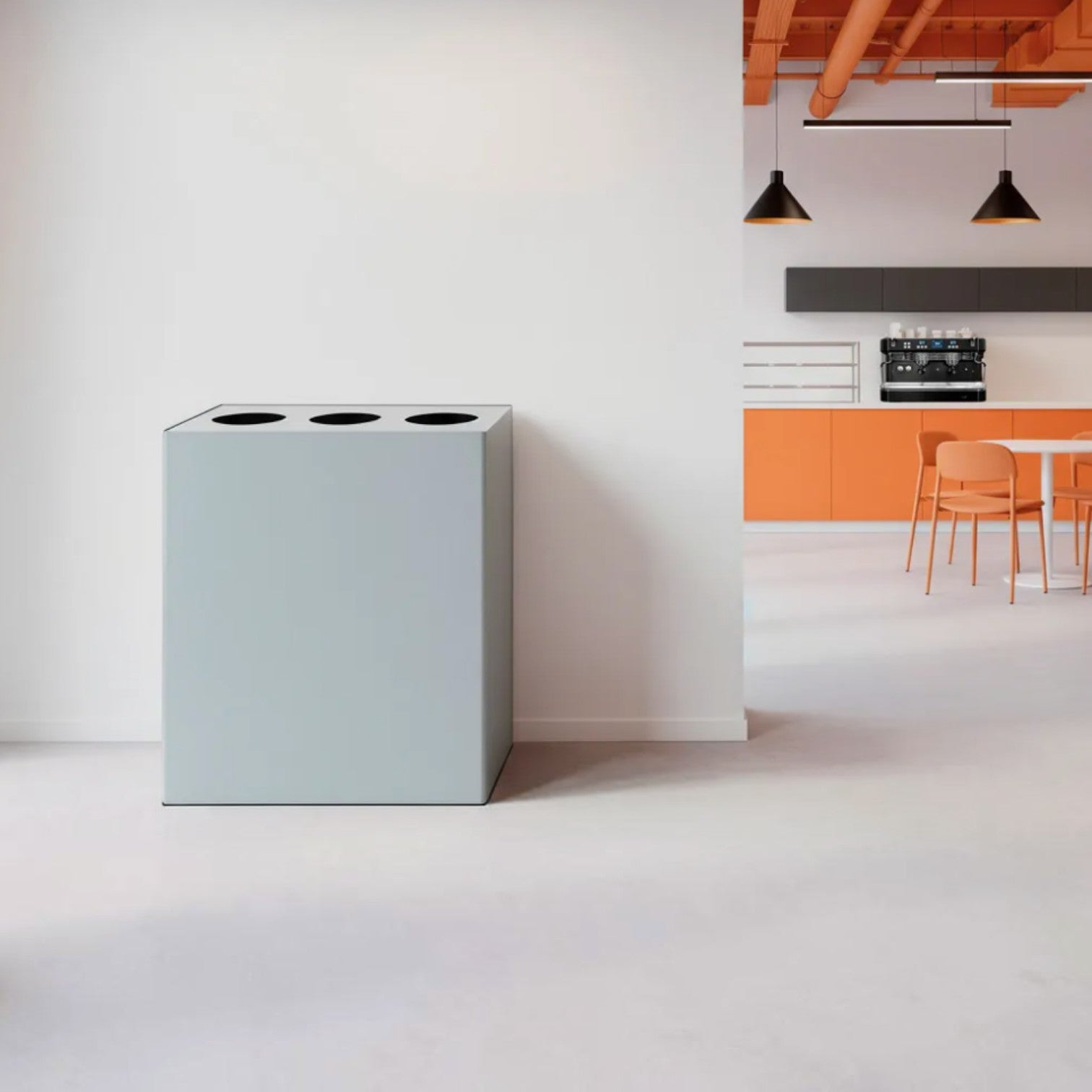 Addo Shop Riciclo Trio 255L recycling bin in light grey with three circular top openings for office waste sorting.