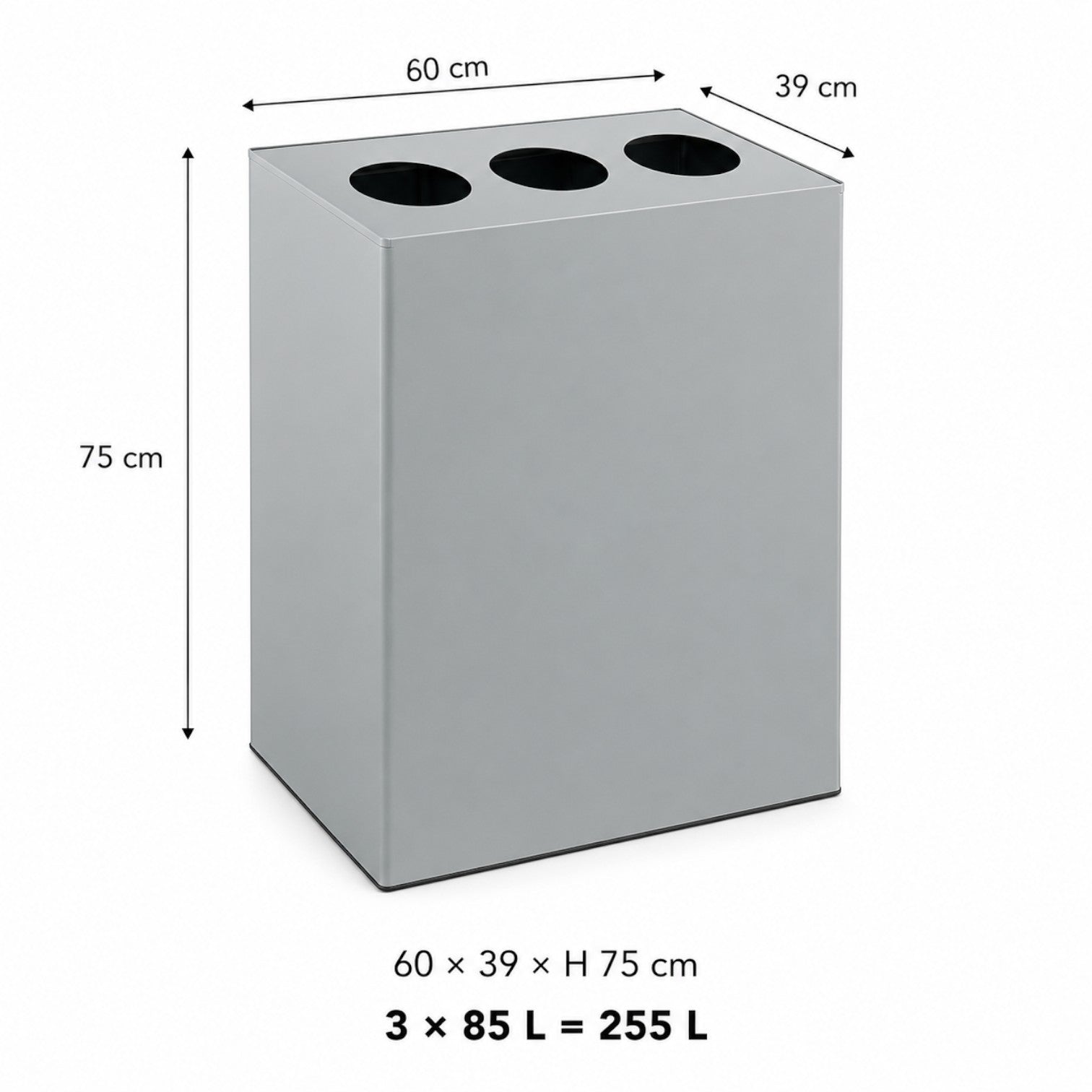 Addo Shop Riciclo Trio 255L grey metal recycling bin with three circular waste compartments and dimension labels.