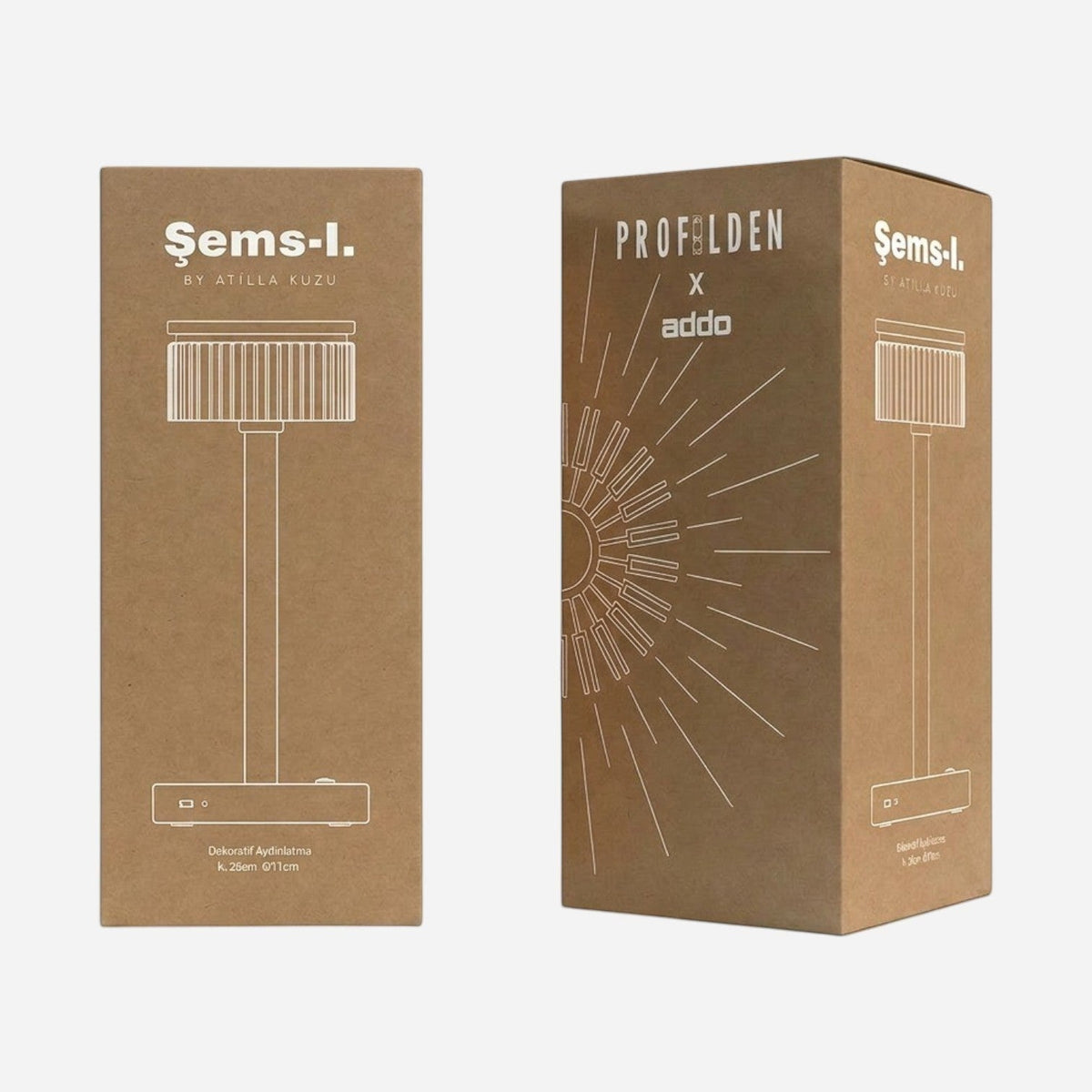 Addo Shop Şems-1 decorative lamp packaging boxes with white line art illustrations on brown cardboard