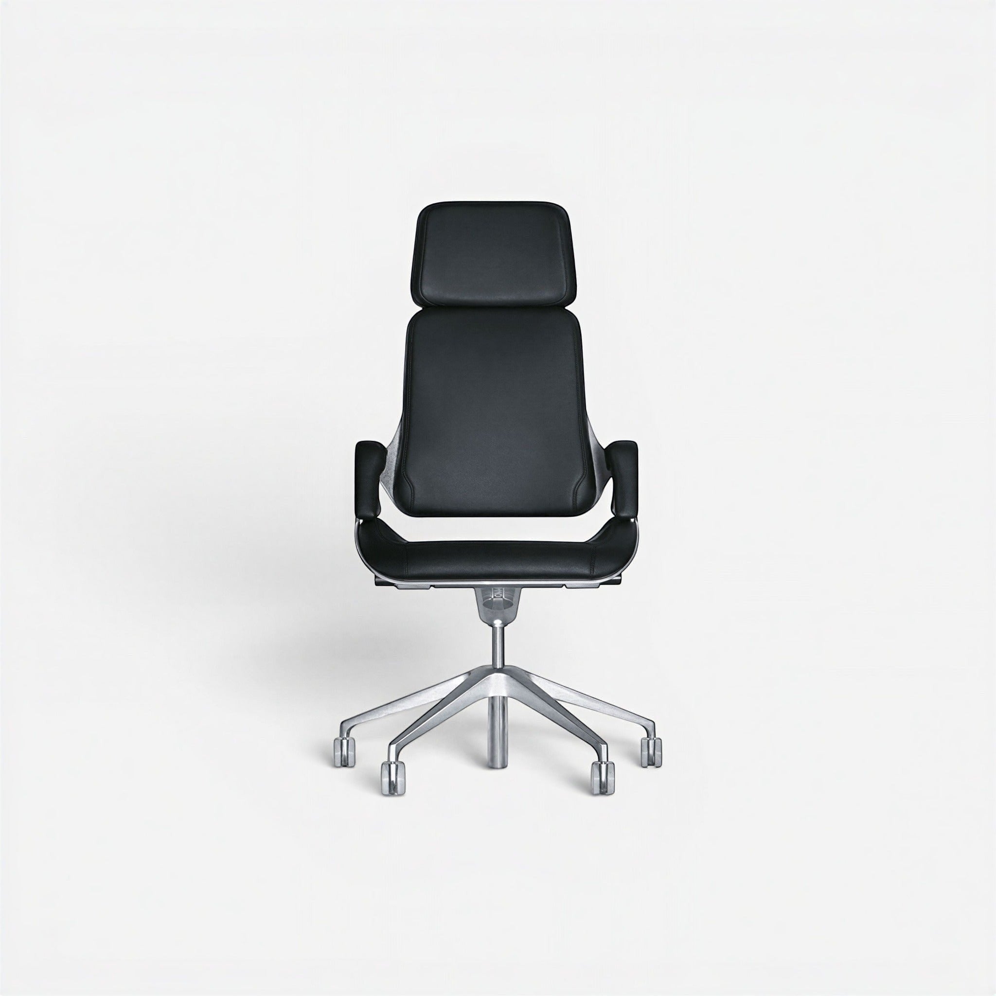 Addo Shop Silver executive chair in black genuine leather with aluminum base and arms. High-back design with headrest.