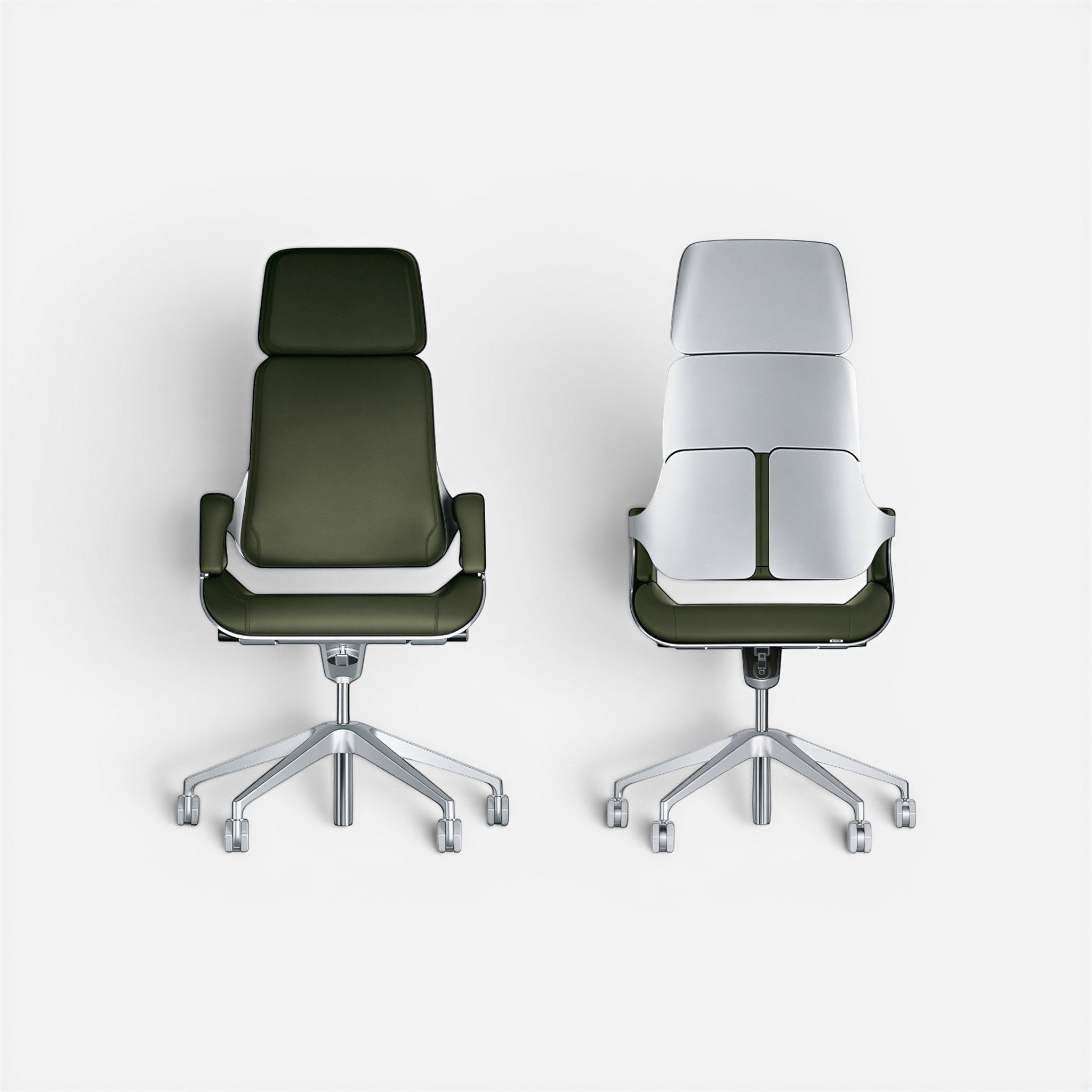 Addo Shop Silver executive chair in dark green genuine leather with aluminum frame and base. Features a high back and armrests.