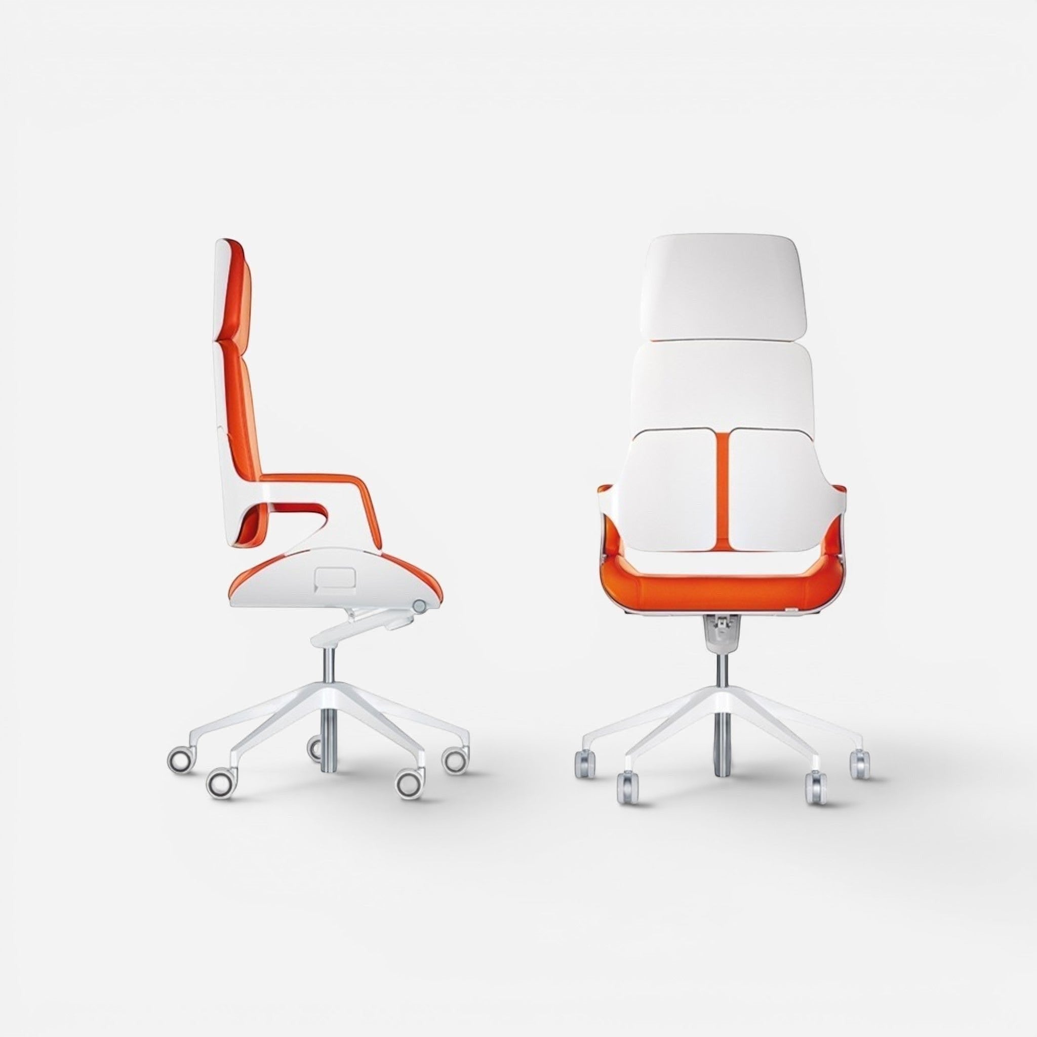 Addo Shop Silver executive chair with white and orange genuine leather upholstery and aluminum base.