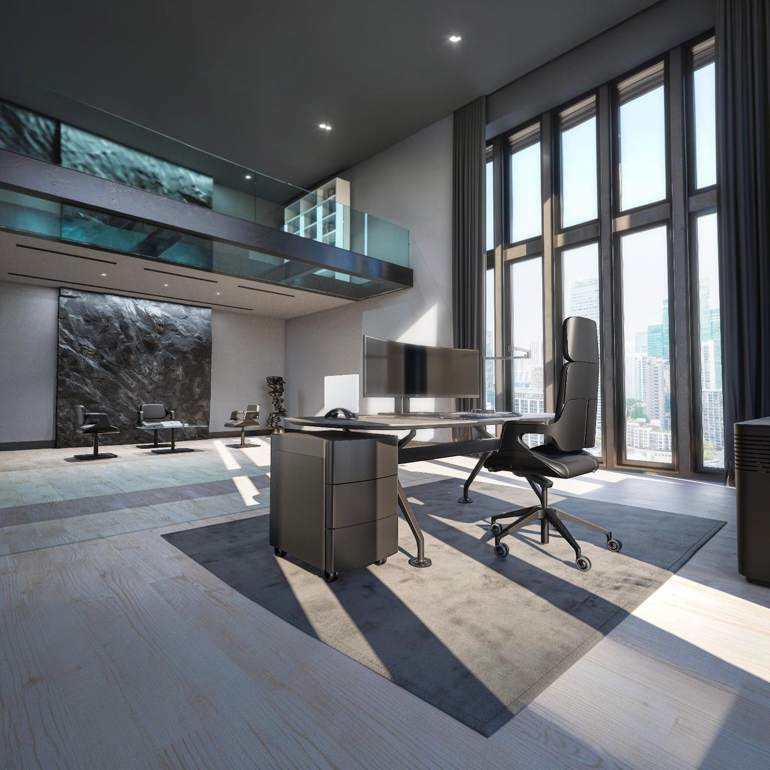 Addo Shop Silver executive chair in a modern office with an aluminum frame, ergonomic support, and black upholstery.