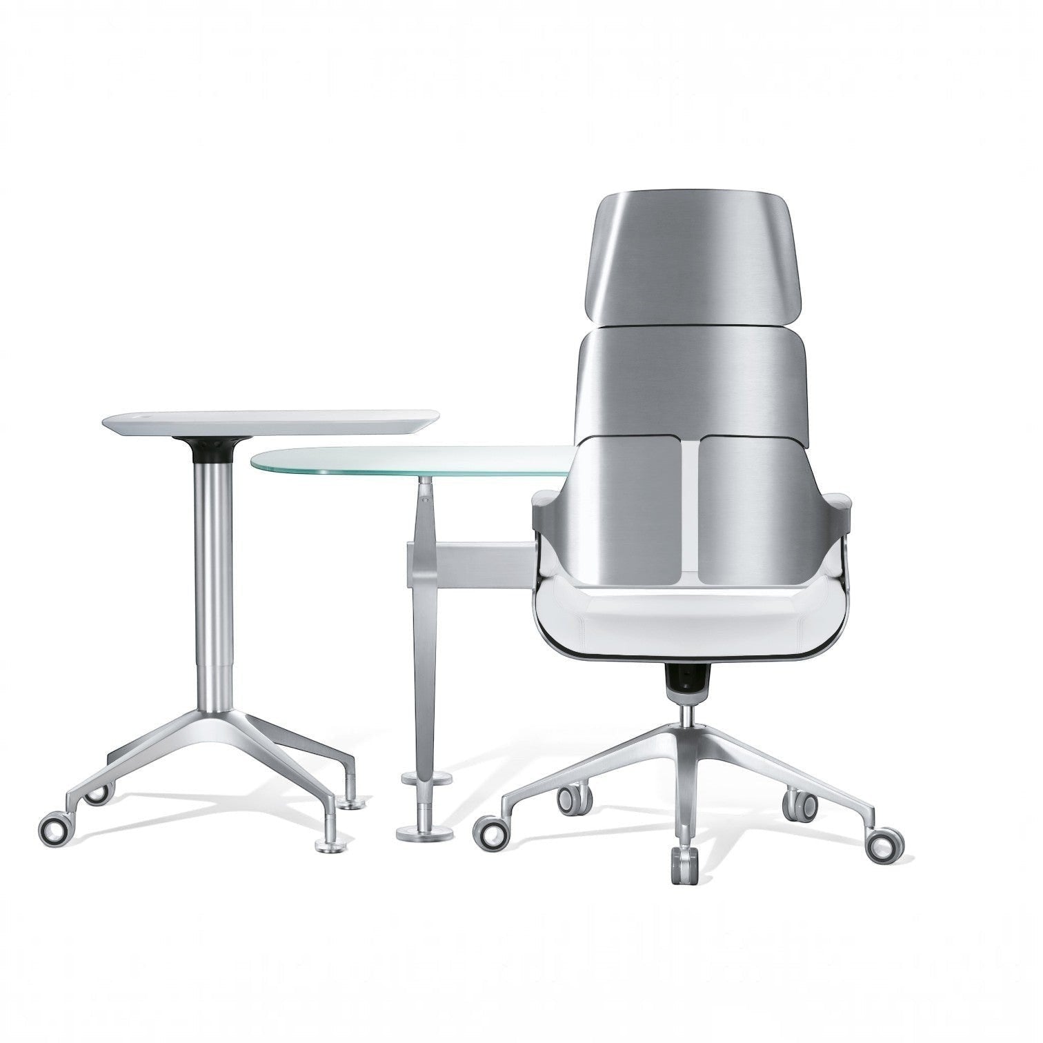 Addo Shop SILVER executive chair by Hadi Teherani with a brushed aluminum back and white seat next to a glass table.