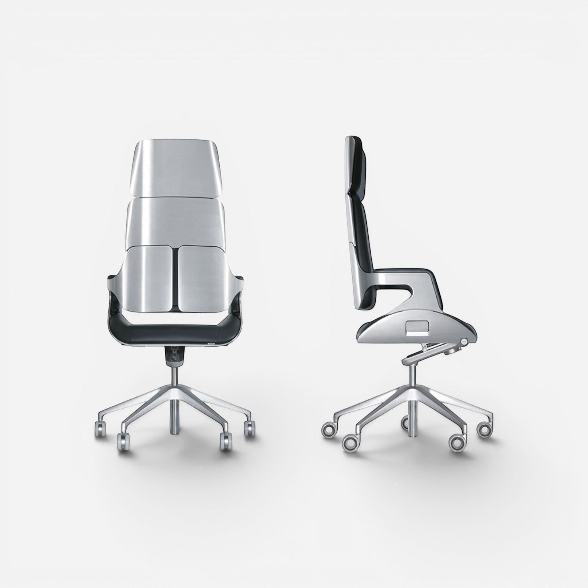 Addo Shop Silver executive office chair with aluminum body, genuine leather seat, and multi-tilt mechanism.