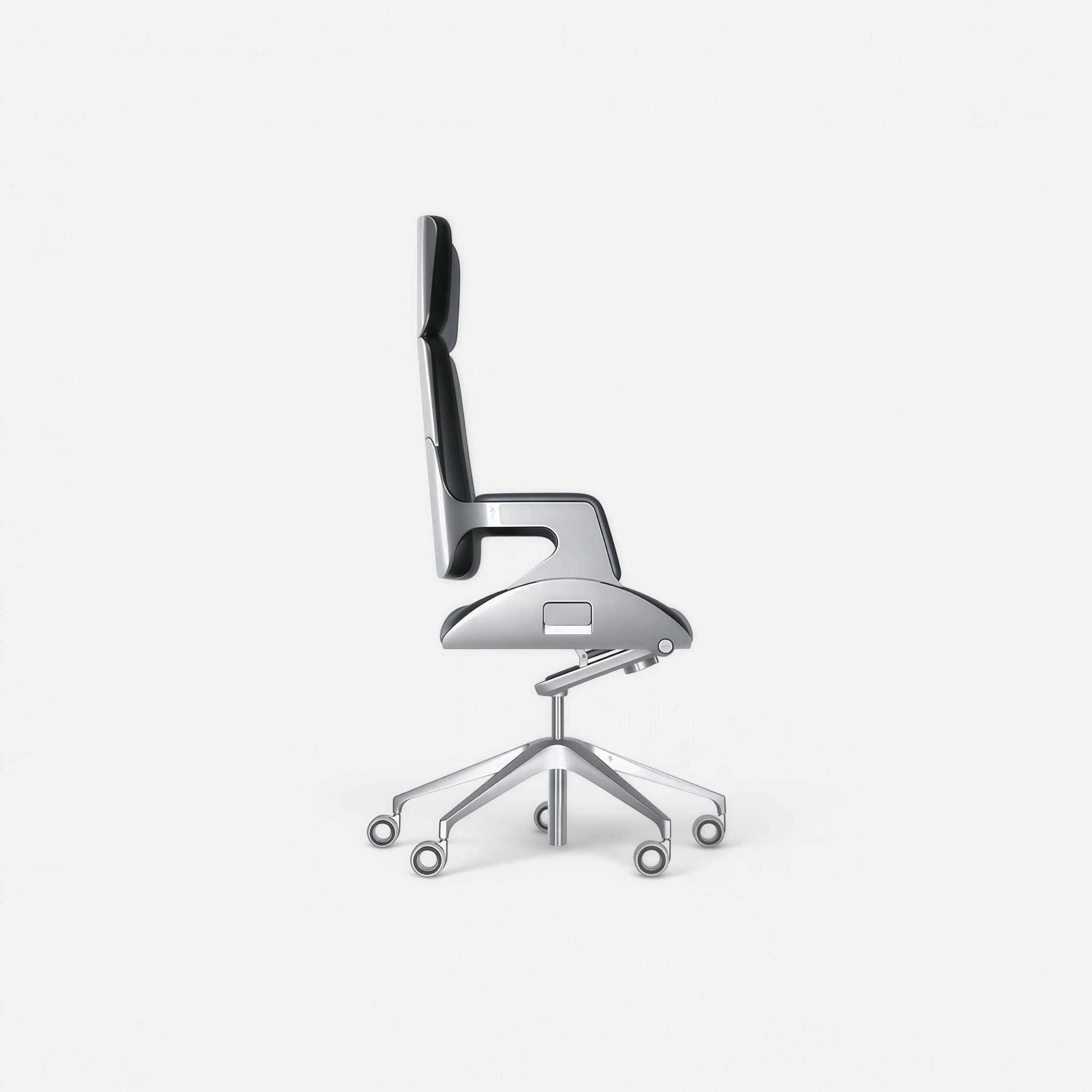 Addo Shop Silver executive office chair with black leather seat and back, aluminum frame, and five-wheel base.