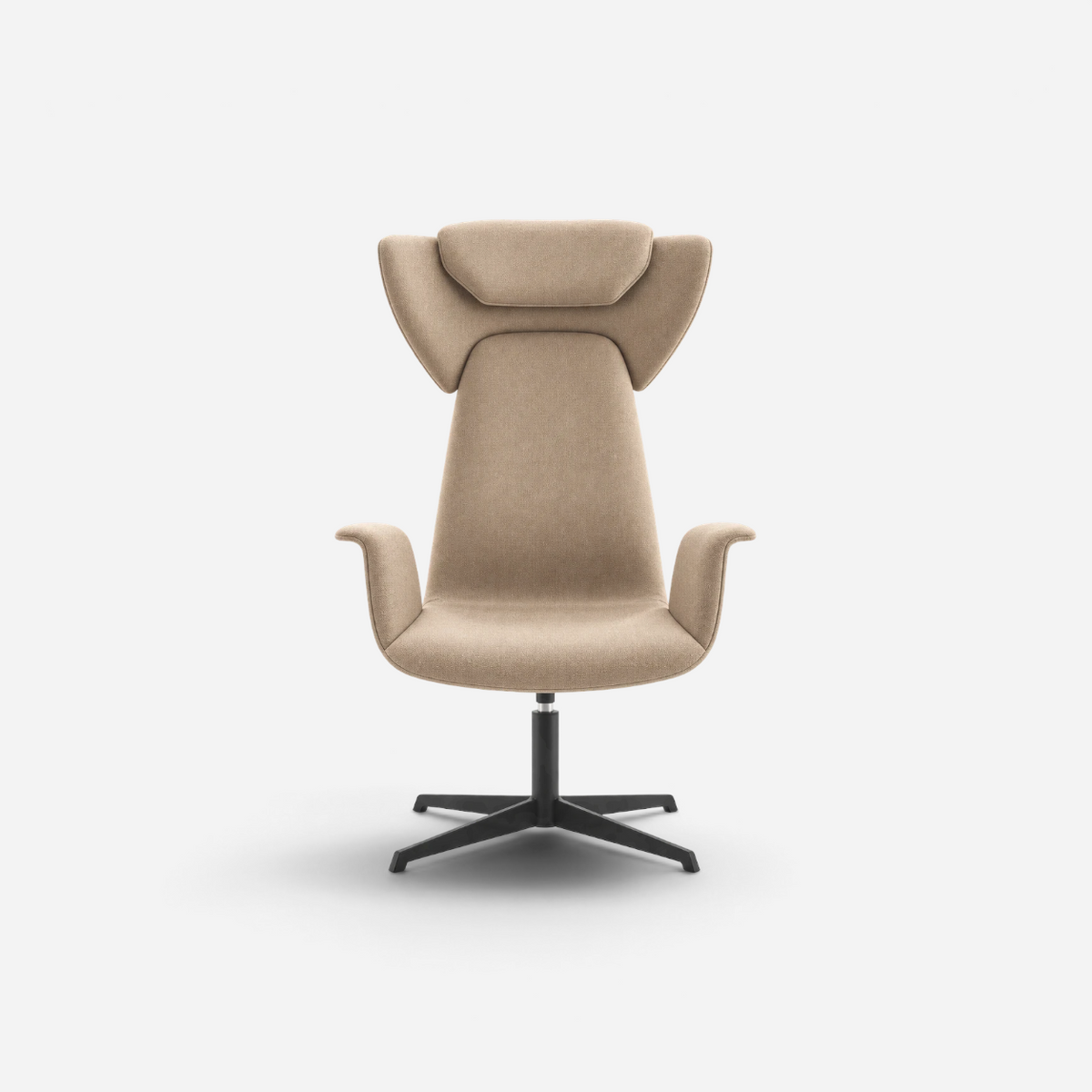 Addo Shop Spina 01 lounge chair in beige fabric with a high backrest and a sculptural swivel metal base.