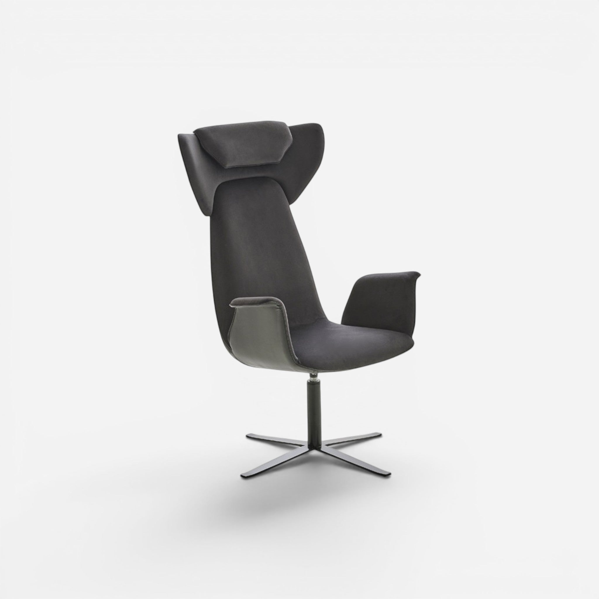Addo Shop Spina 01 lounge chair in dark grey faux leather with chrome base and swivel mechanism.