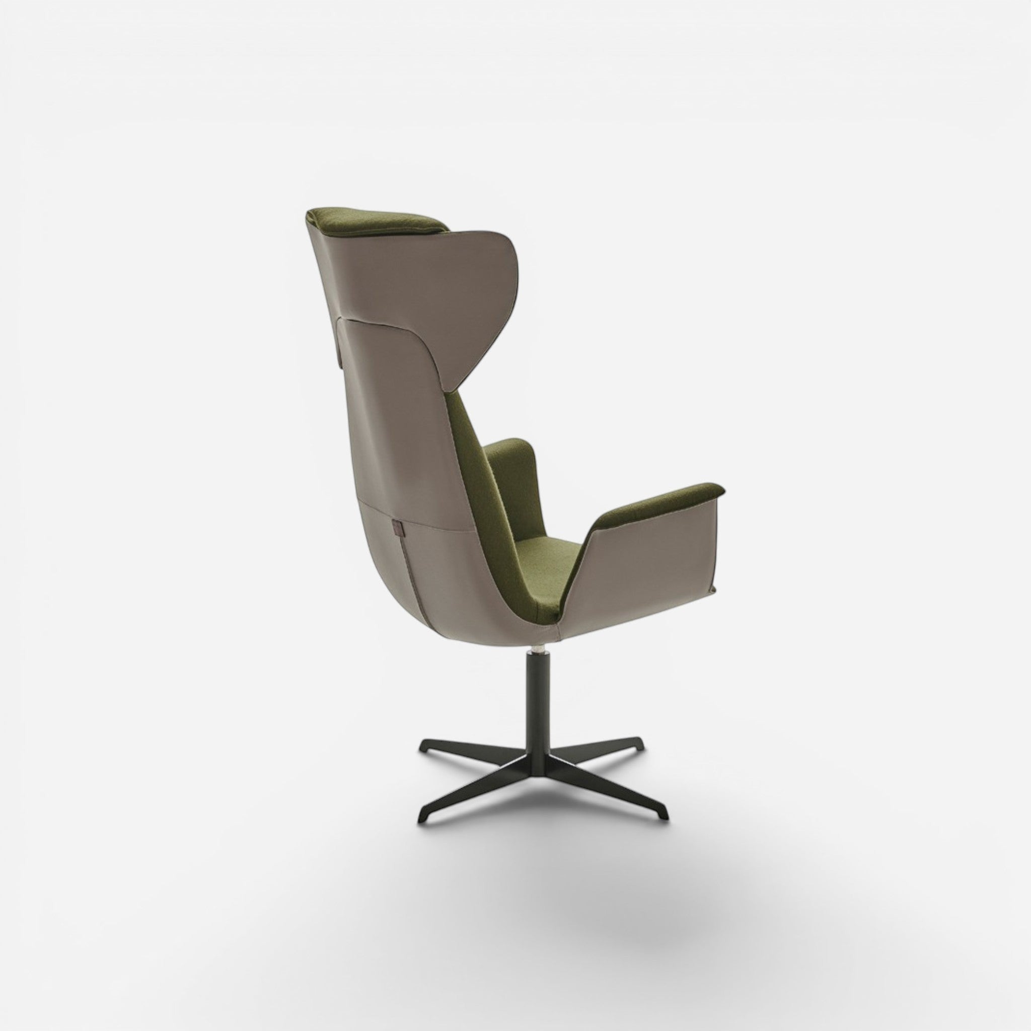Addo Shop Spina 01 lounge chair with grey faux leather and green fabric upholstery, swivel base.