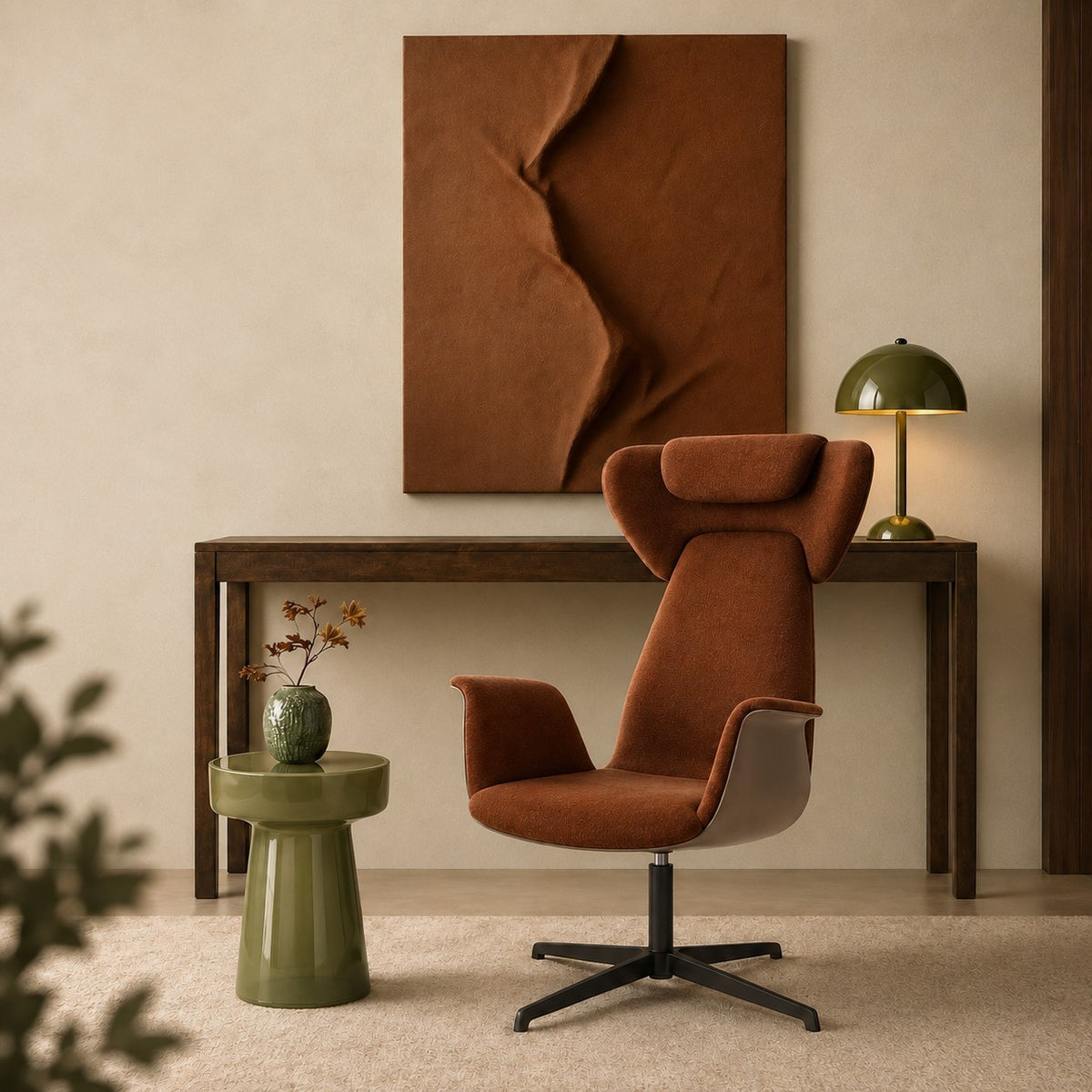 Addo Shop Spina 01 lounge chair in rust fabric with a high back, integrated headrest, and black swivel metal base.