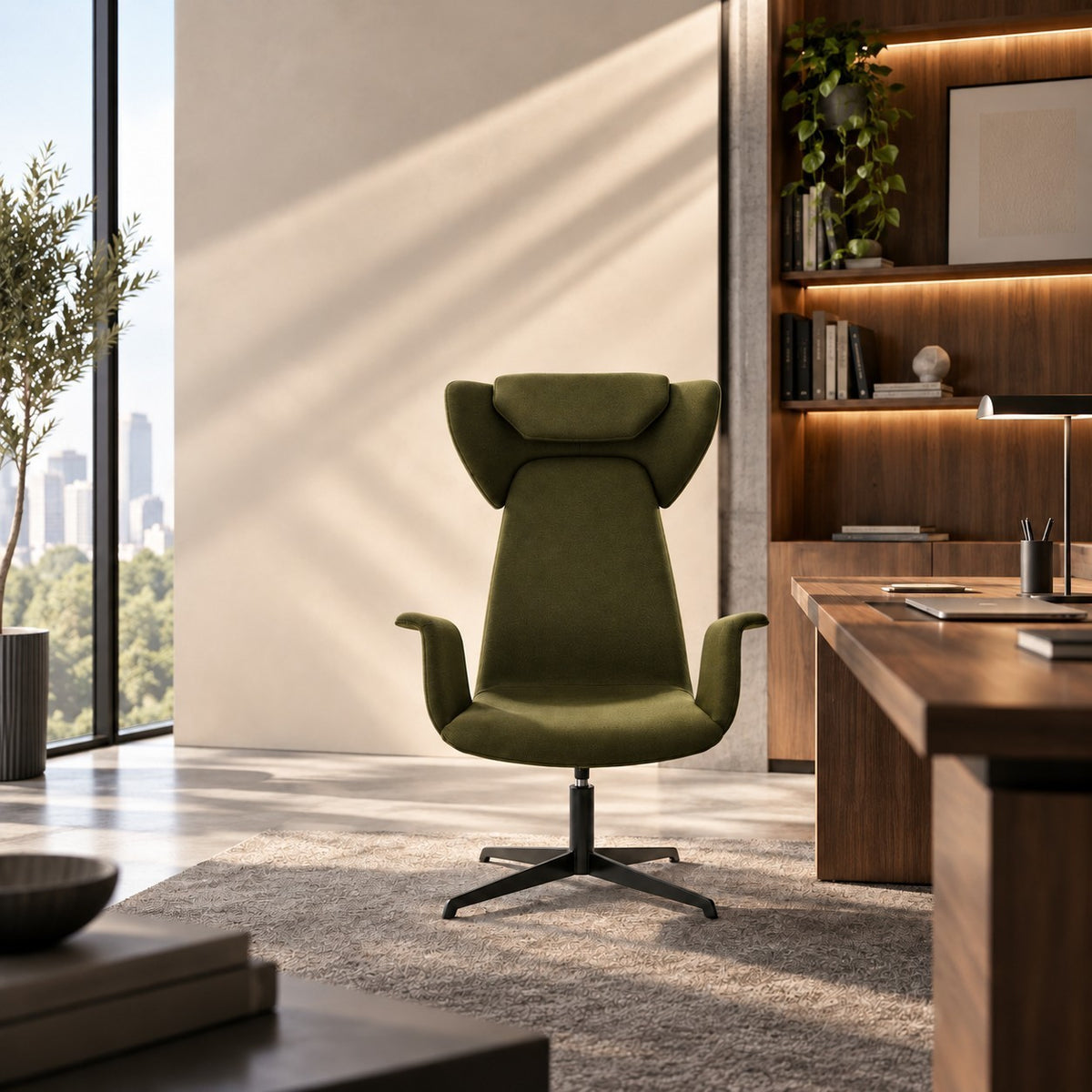 Addo Shop Spina 01 lounge chair in olive green fabric with a high backrest and swivel metal base in a modern office.