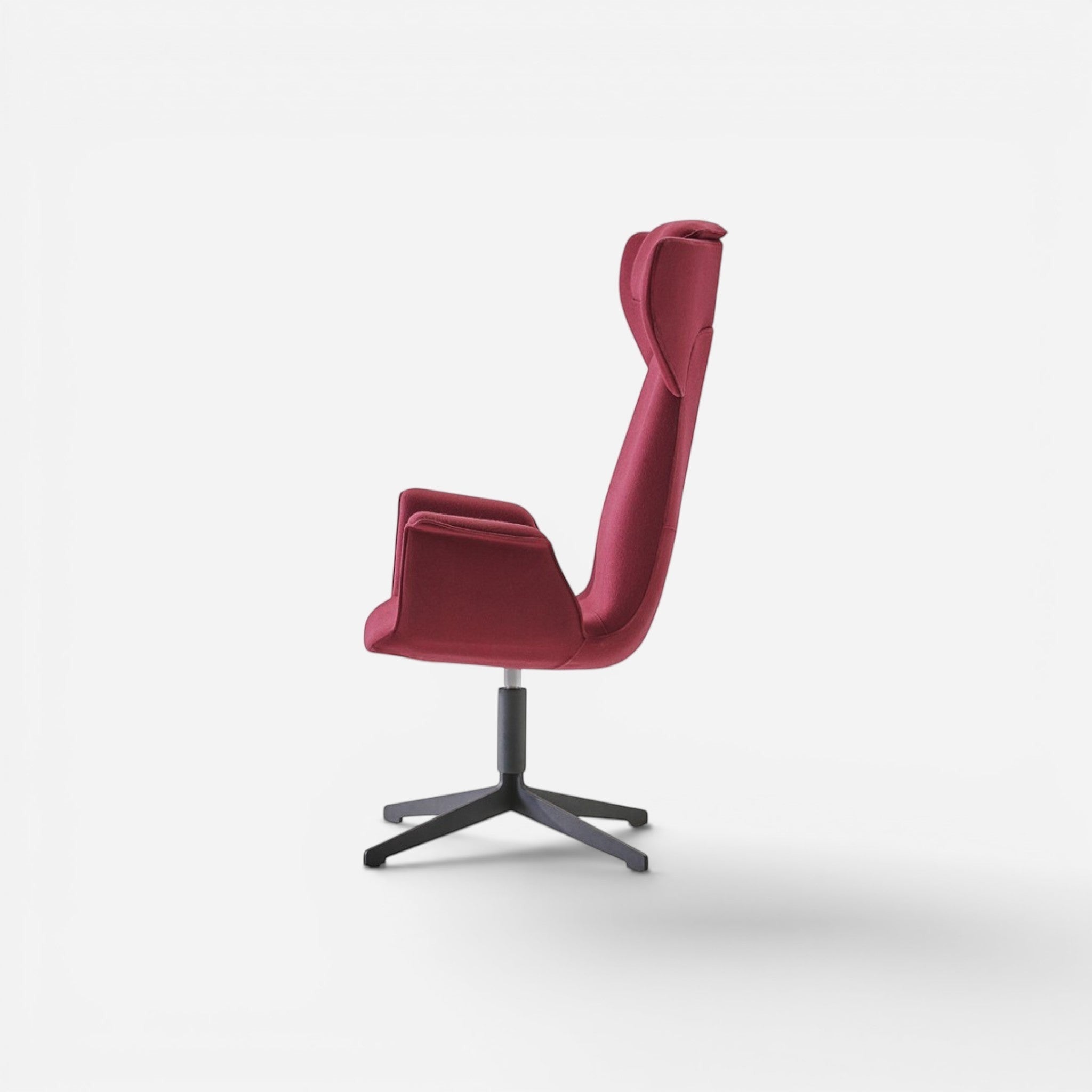 Addo Shop Spina 01 lounge chair in deep red faux leather with chrome base and swivel mechanism.