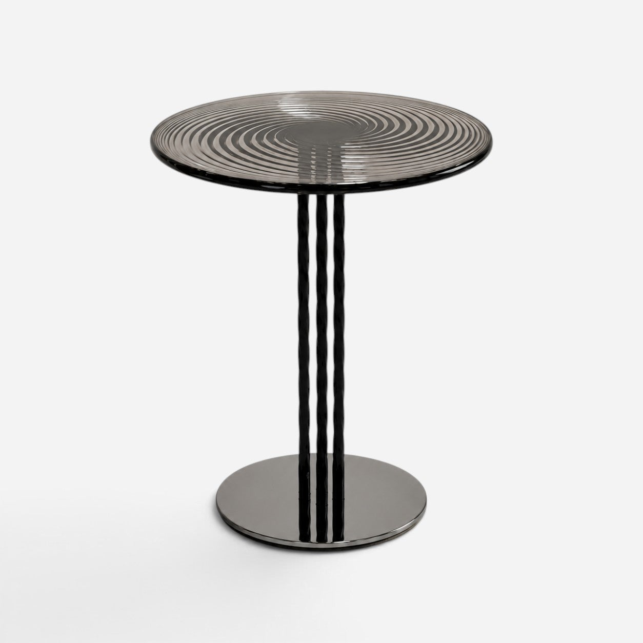 Addo Shop modern side table with a round glass top featuring a black spiral pattern and three sleek black legs