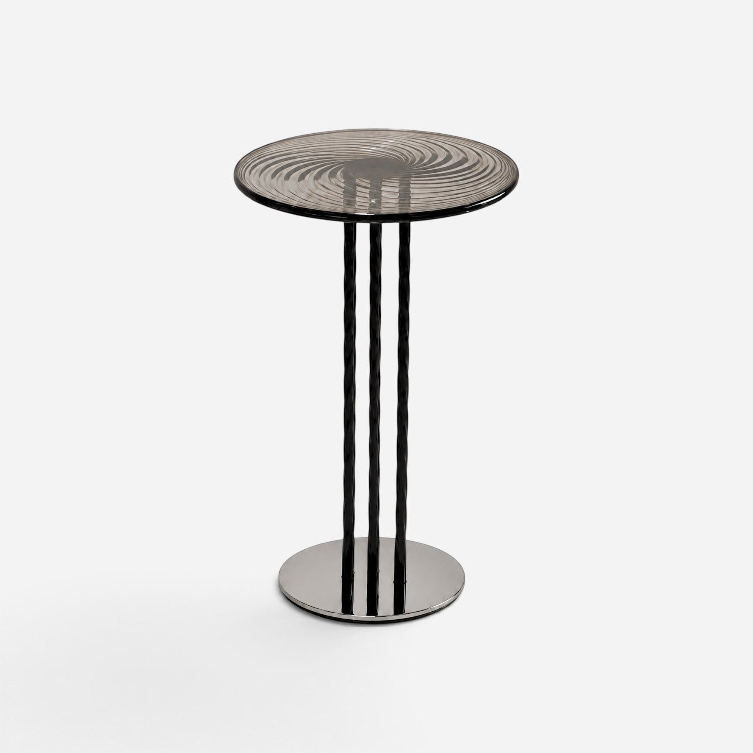 Addo Shop Product 10 side table with a circular glass top featuring a spiral pattern and three twisted black legs.