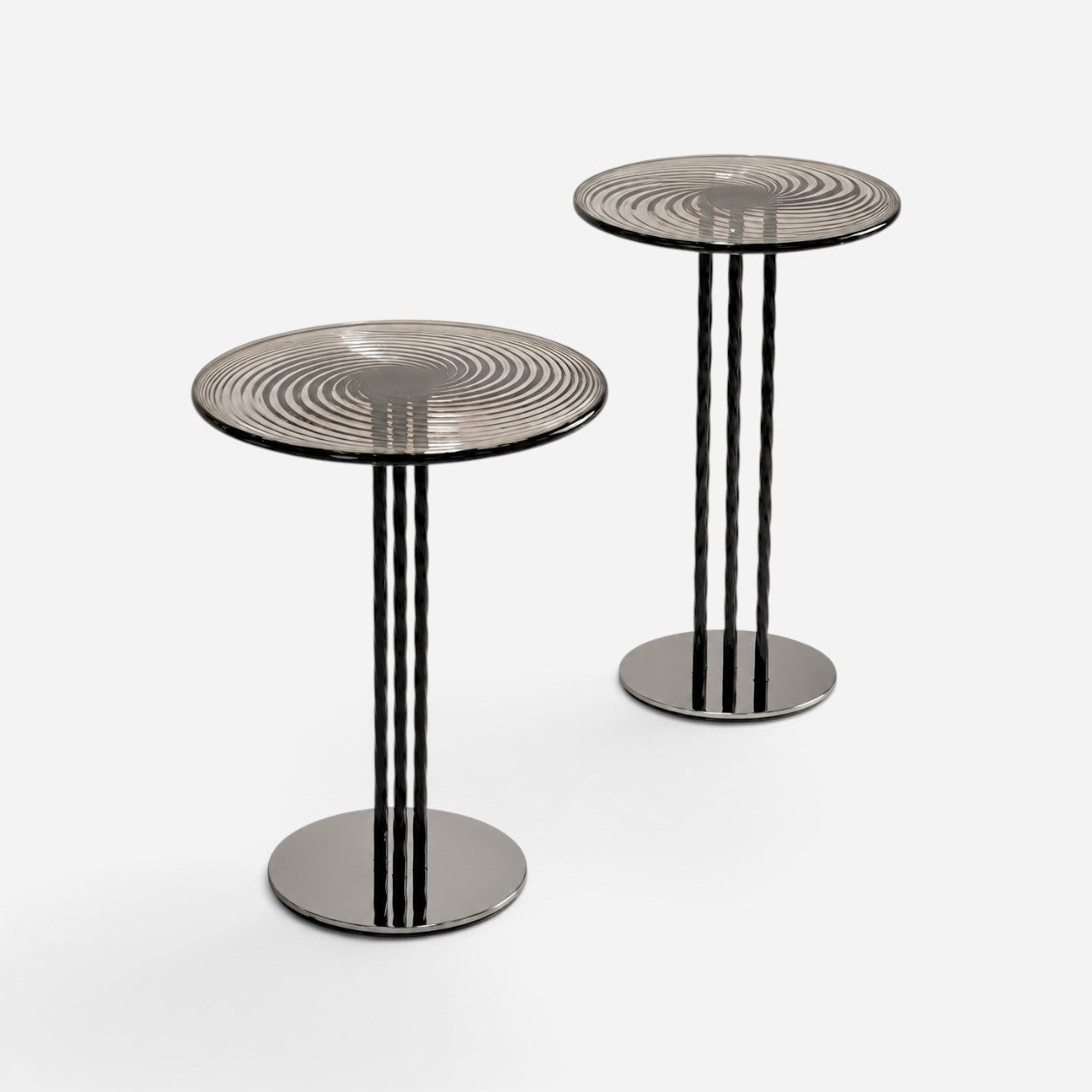 Addo Shop set of two modern side tables with circular glass tops featuring a black and grey spiral pattern