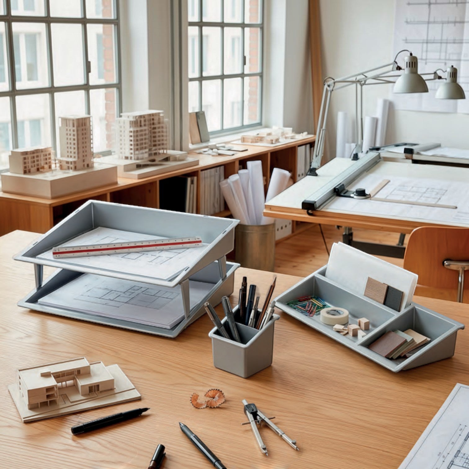 Addo Shop grey stackable desk organizer trays and pen holder on a wooden architect desk with blueprints and tools.