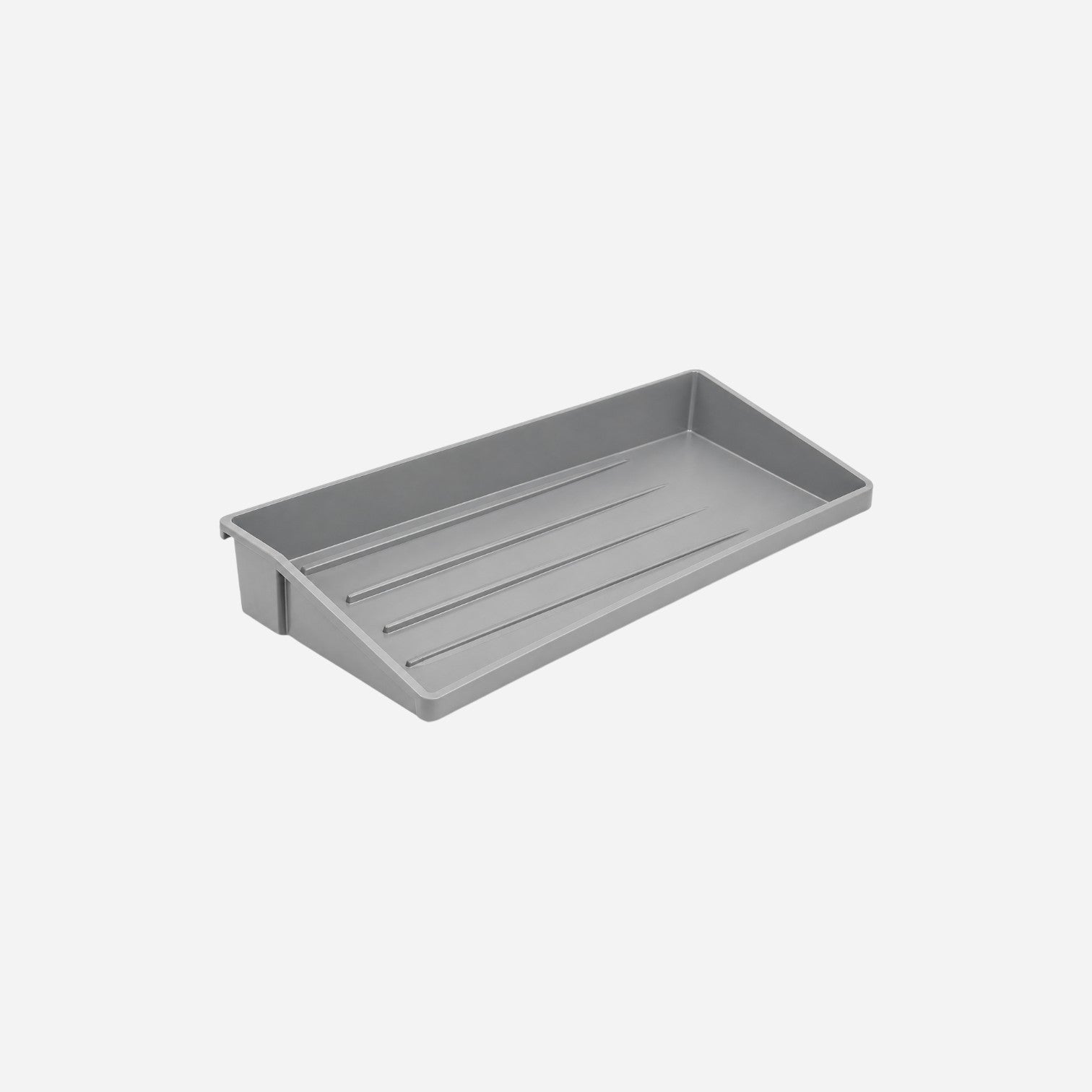 Addo Shop grey plastic stackable desk organizer tray with a sloped design for office supplies.
