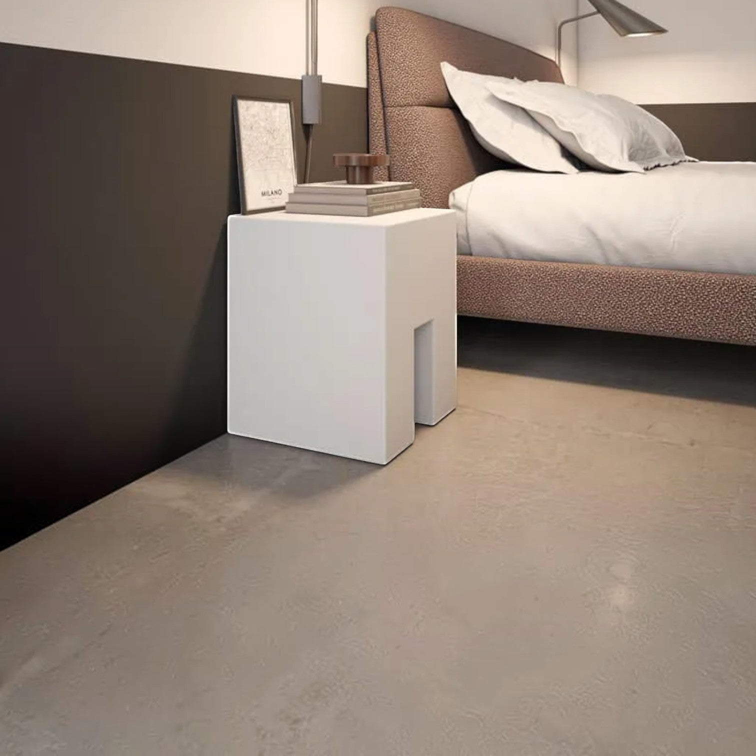 Addo Shop STILEMI Cube white minimalist bedside table with a modern geometric design in a contemporary bedroom.