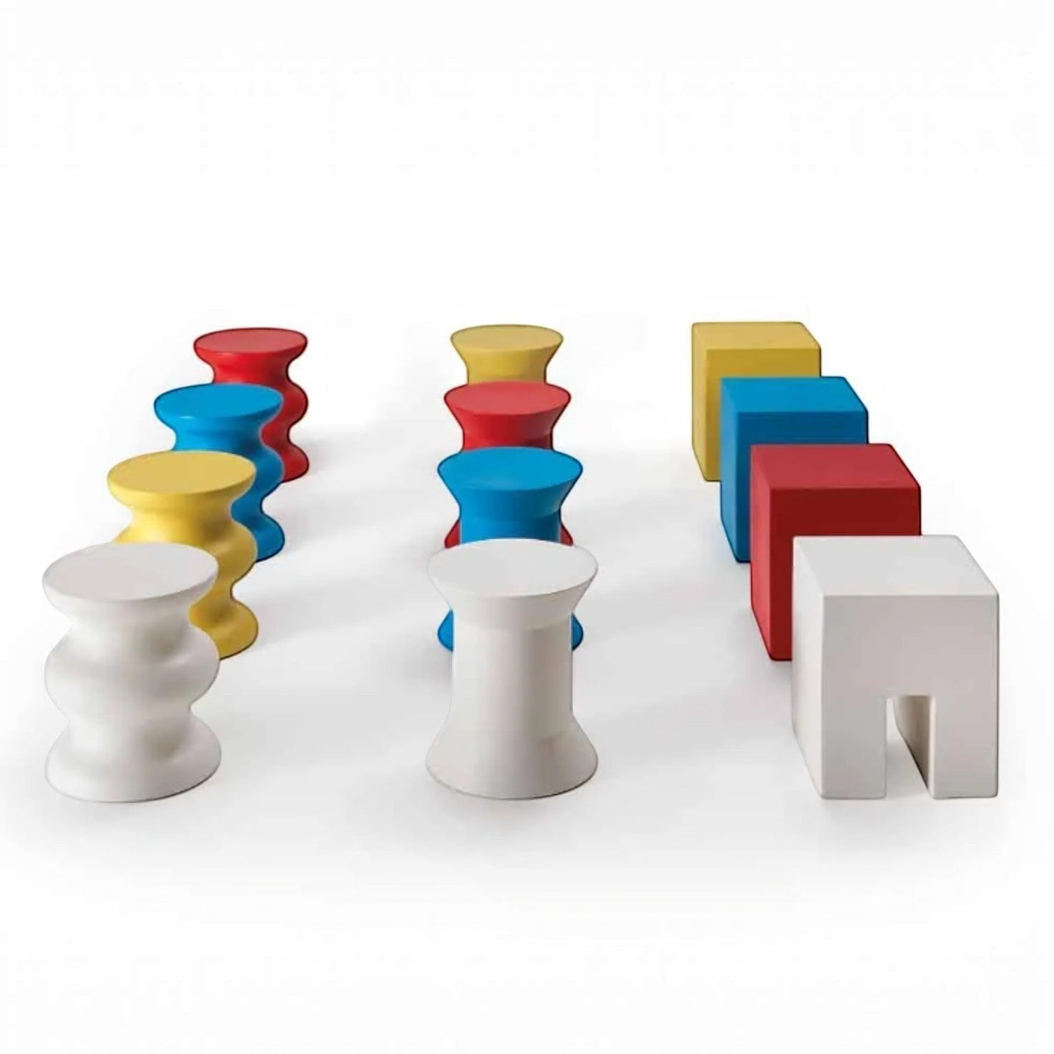 Addo Shop STILEMI Cube and cylindrical stools in red, blue, yellow, and white, modern minimalist furniture set.