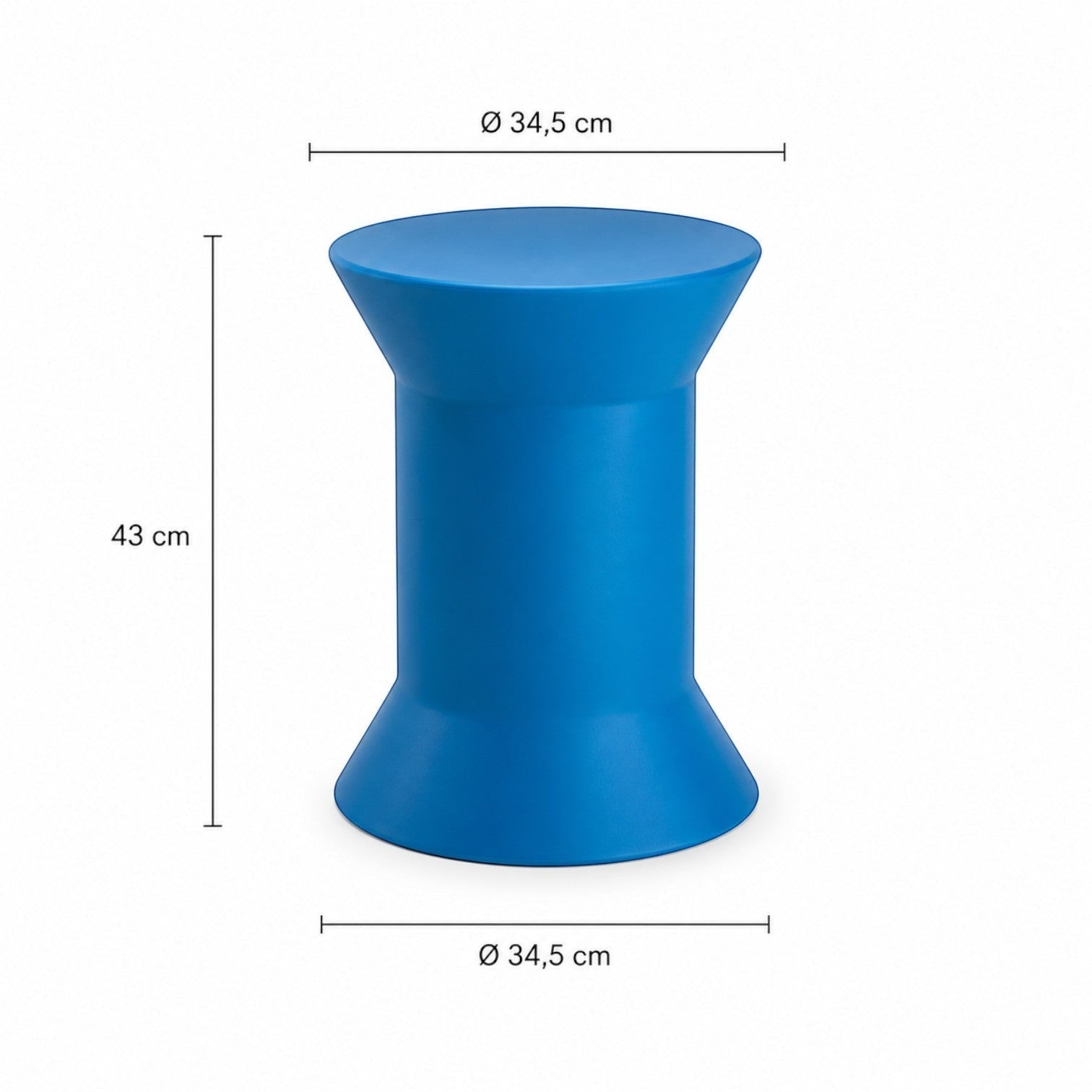 Addo Shop STILEMI Round blue modern stool with hourglass shape and dimensions shown on a white background.