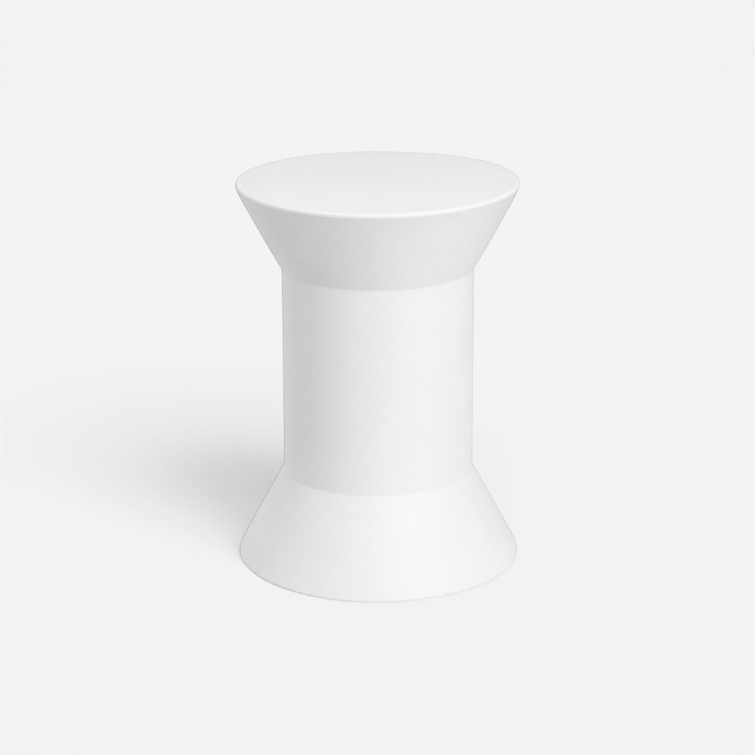 Addo Shop STILEMI Round stool in matte white with a modern hourglass silhouette and minimalist design.