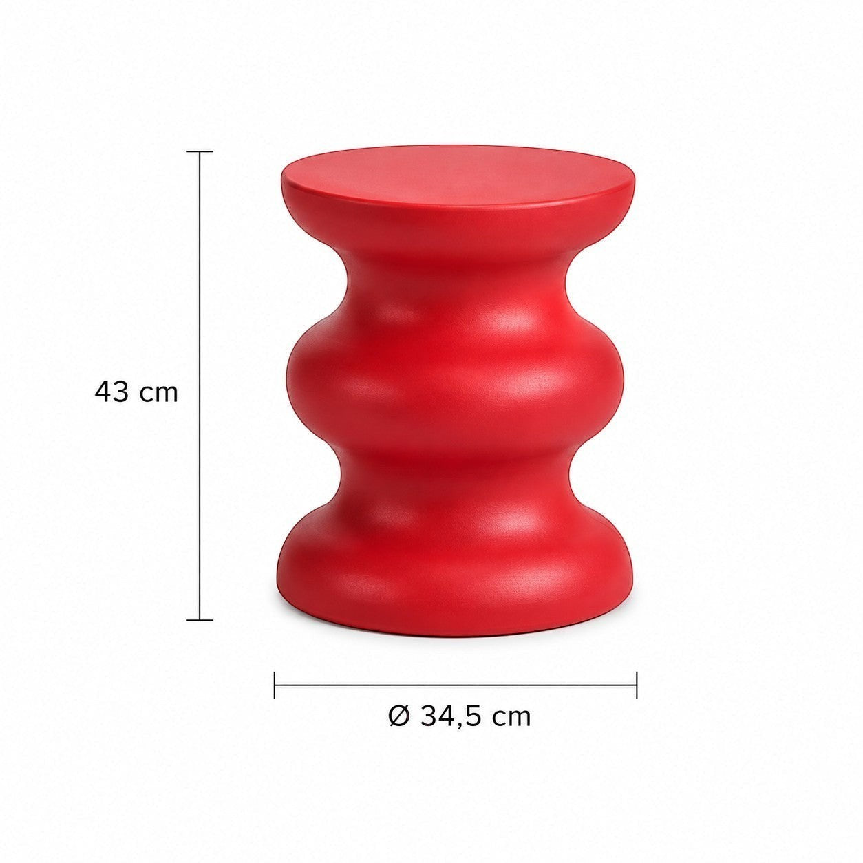 Addo Shop STILEMI Sculptural red stool with a rounded, hourglass-shaped design and 43cm height.
