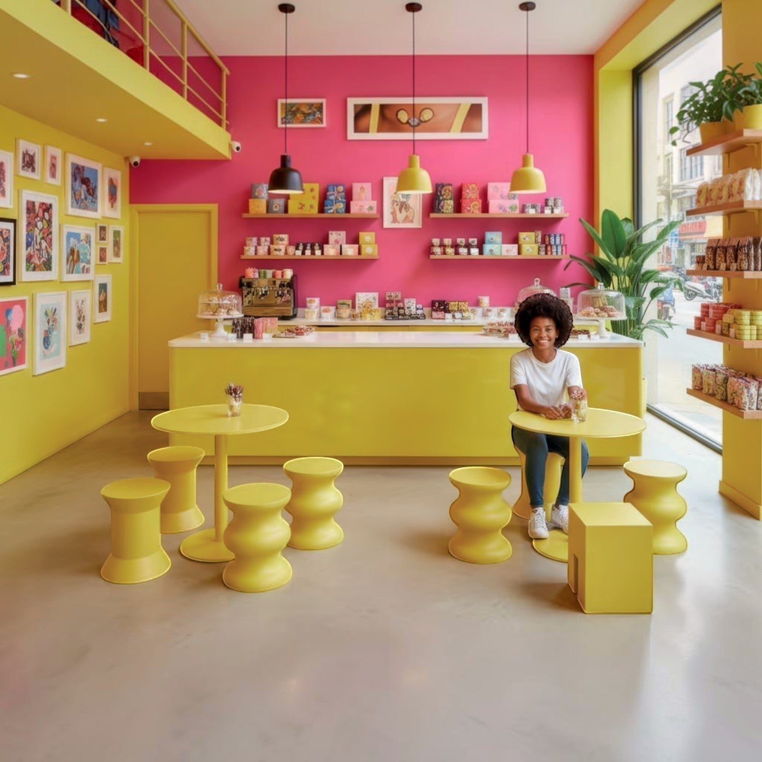 Addo Shop STILEMI Sculptural yellow stools in a vibrant cafe with a smiling woman sitting at a matching round table.