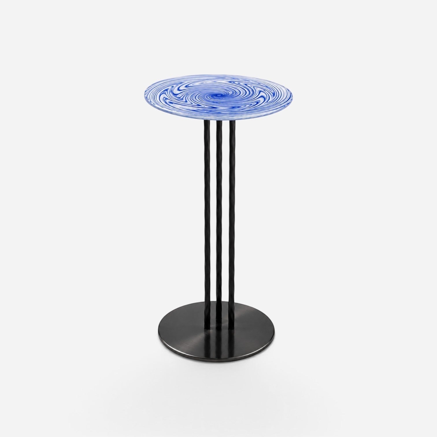 Addo Shop tall side table with a blue and white swirl glass top and three slender black metal legs