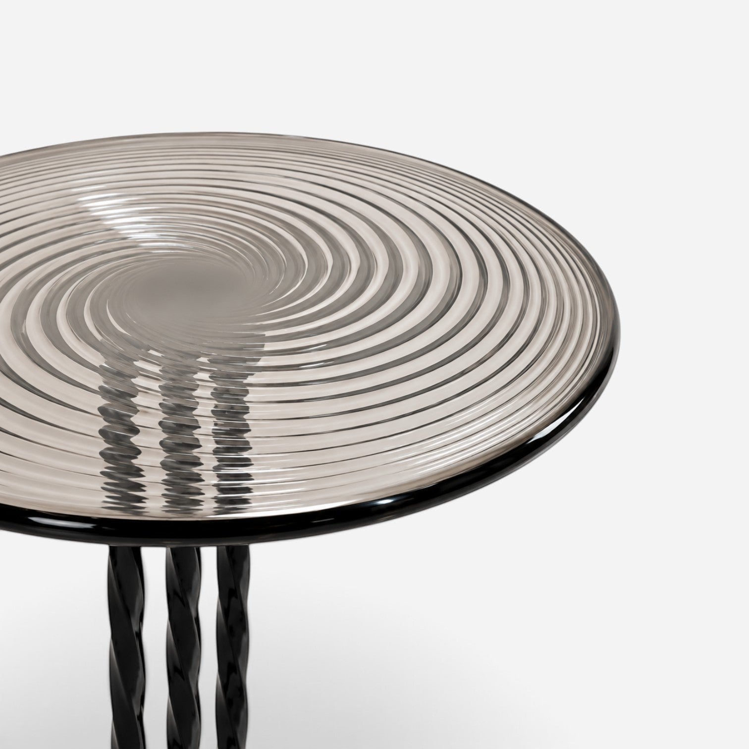 Addo Shop round side table with a grey swirl glass top and black twisted metal legs