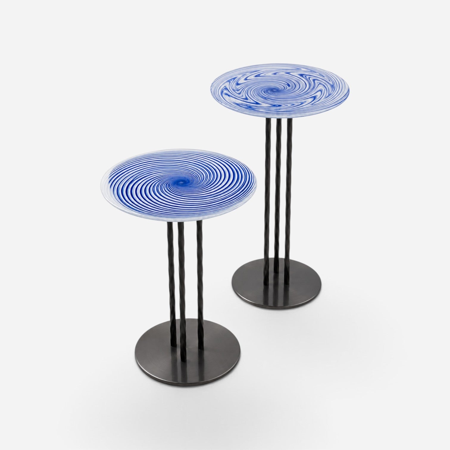 Addo Shop set of two side tables with blue and white swirl glass tops and black metal tripod bases