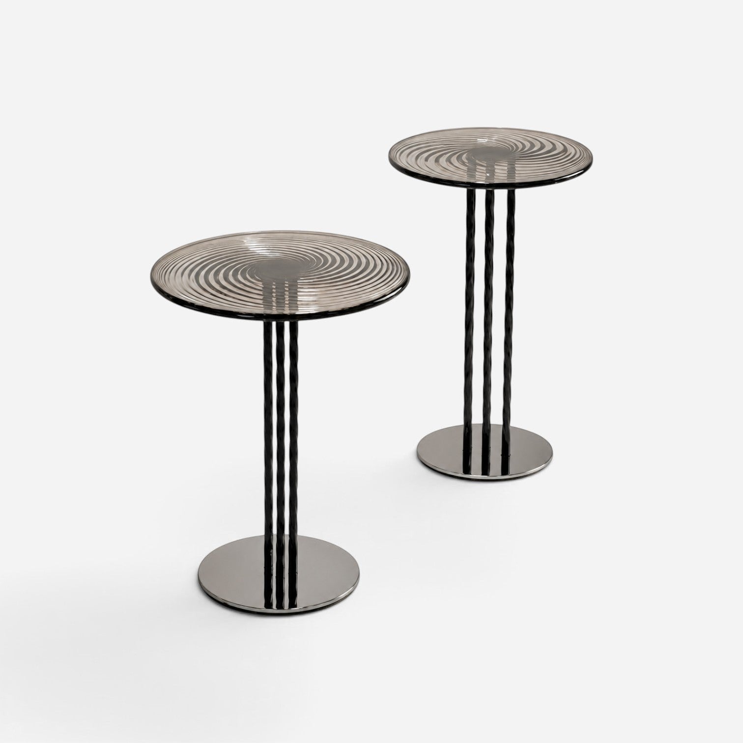 Addo Shop set of two modern round side tables with grey swirl glass tops and black twisted metal tripod bases