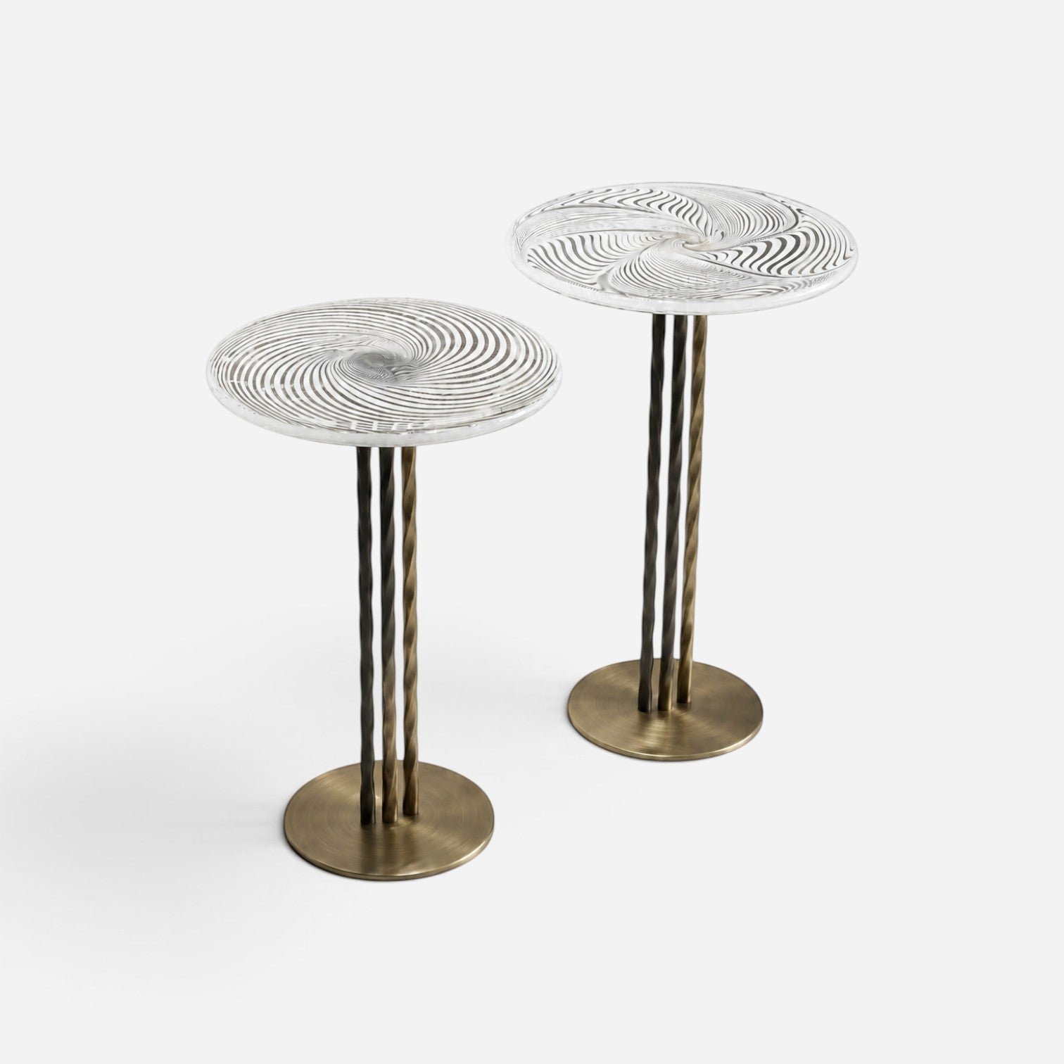 Addo Shop set of two round side tables with clear glass swirl patterned tops and twisted bronze metal pedestals