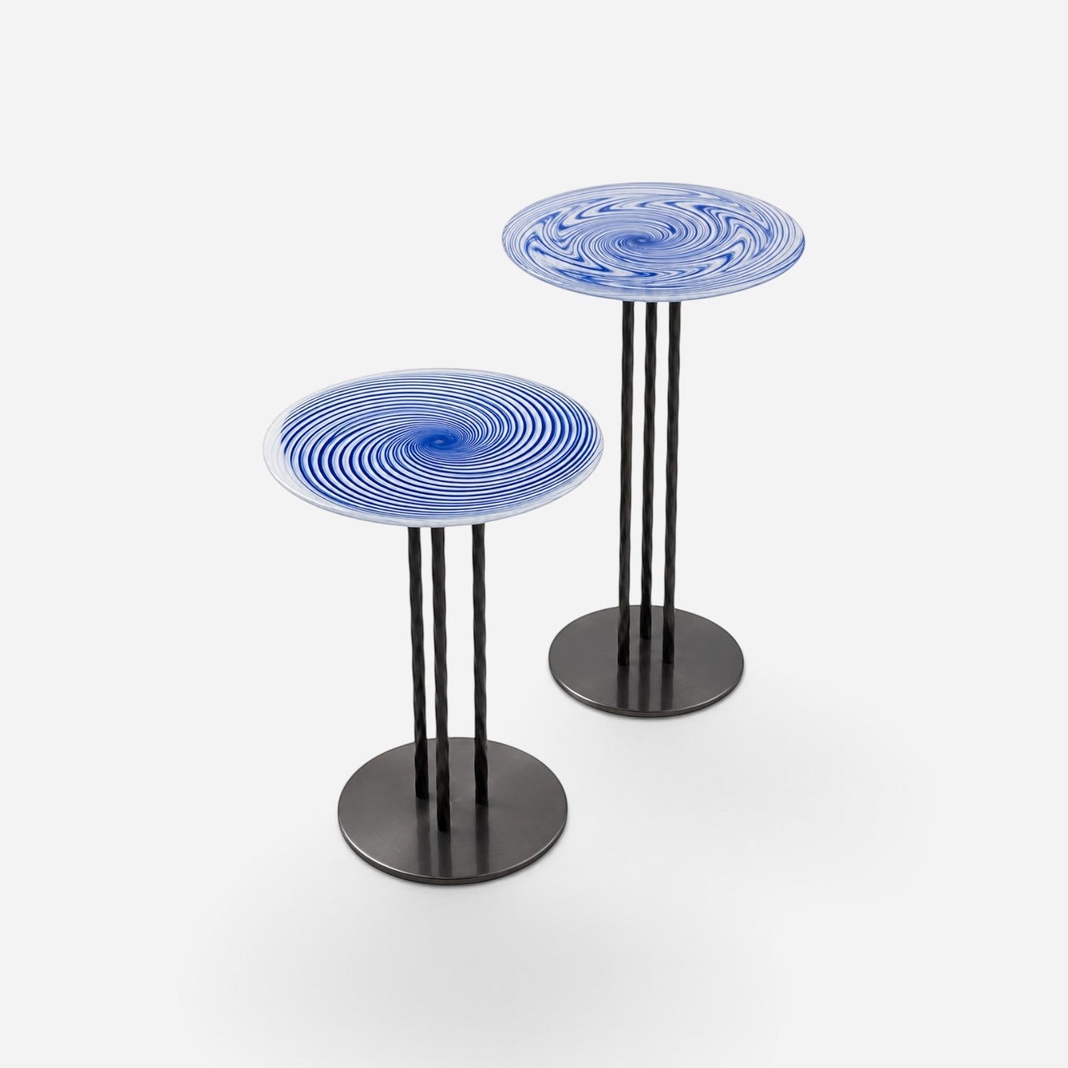 Addo Shop set of two side tables with blue and white swirl glass tops and black twisted metal tripod bases