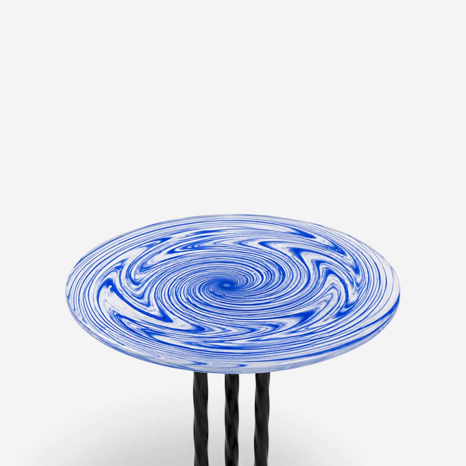 Addo Shop round side table featuring a blue and white swirling marble pattern top on three black twisted metal legs.
